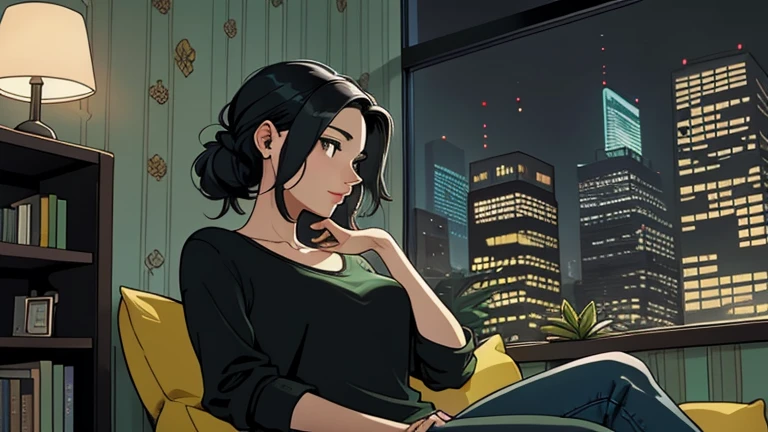 Beautiful woman in her 30s with black hair tied is sitting on the sofa. Looking down, LOFI girl, alone in the room, blouse, cozy wallpaper, big cushion, bookshelf, relaxing mood, night core, cozy, wide glass window with skyscrapers, outside view at night, only five fingers, green wall, listening to music with headphones, Deep black eyes