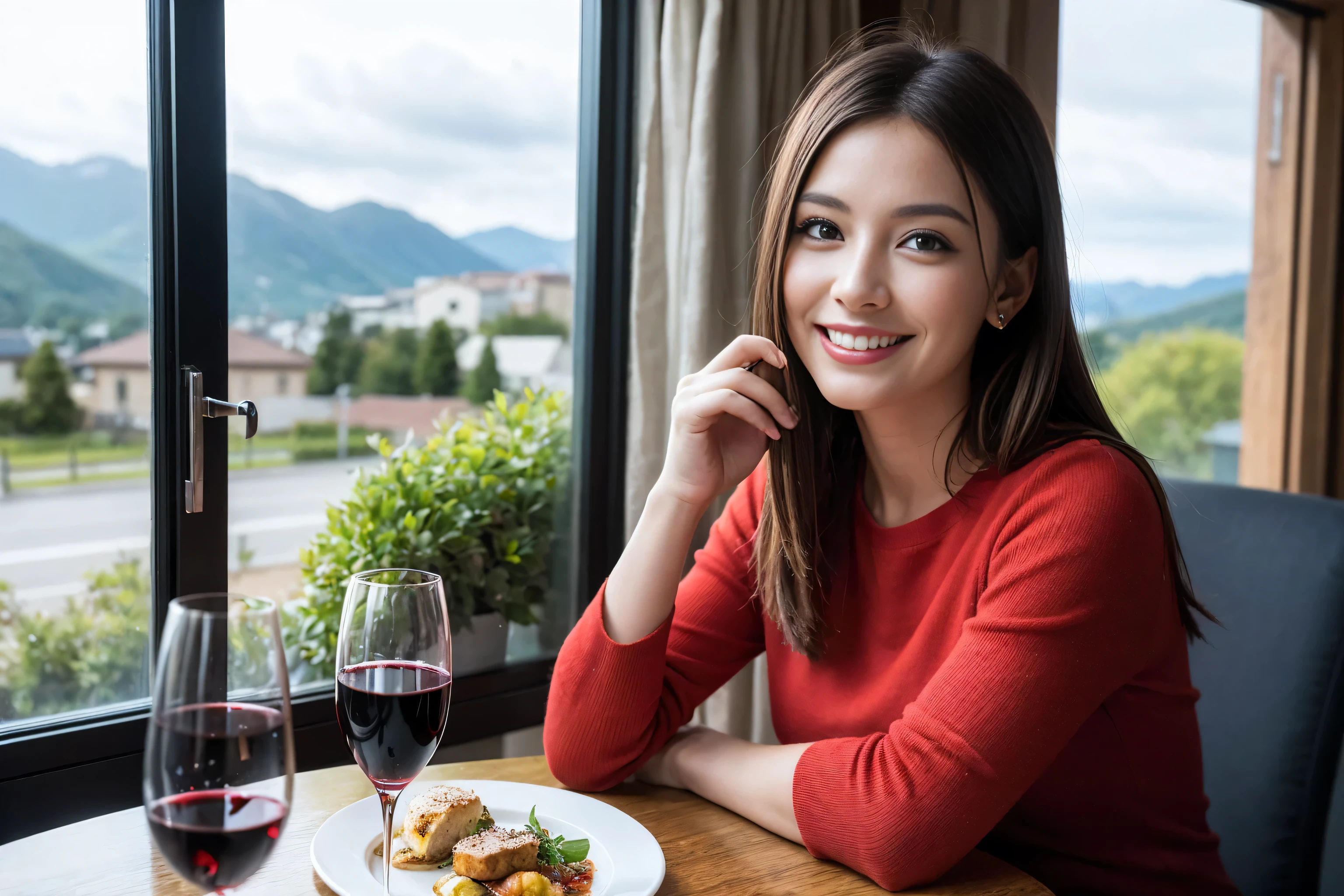 ((highest quality、8k、masterpiece:1.3))、1 male 1 female、Lovers、beautiful couple、Happy Smile、 (Slim face), (The body is スリム), (Brown Hair), (Shortcuts), ((Bob Hale、Straight hair:1.2)), Wine glass on the table、Please put light on my face、 Amazing view of the sunset sky and clouds、Amazing mountain views、The wonderfulness of smiles、Bright image、Blushing, Shortcuts,Bright Face、 (42 years old), 39 years old, red wine 、Appetizers、Italian food、Wine bottle、Champagne、sparkling wine、Long sleeve shirt、dress、Attractive beauty、restaurant, Nova Frog Style, actress, model, Upper Body, White wine, red wine, wine glass, 