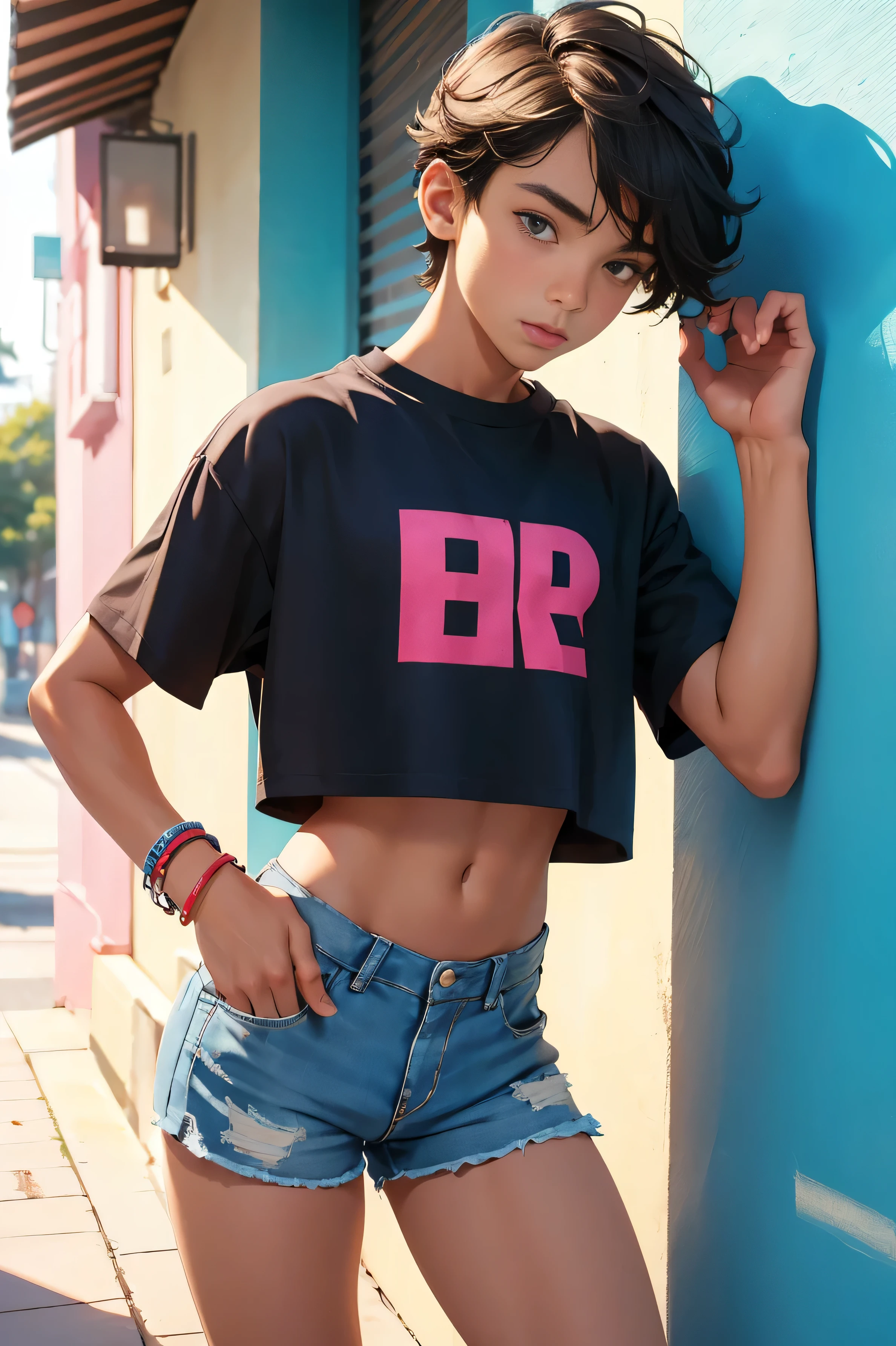 , beautiful teen boy is wearing apped shirt and too very much short mini shorts, the boy's legs are beautiful, tanned, bangs, flirty posing, hot summer, top quality,