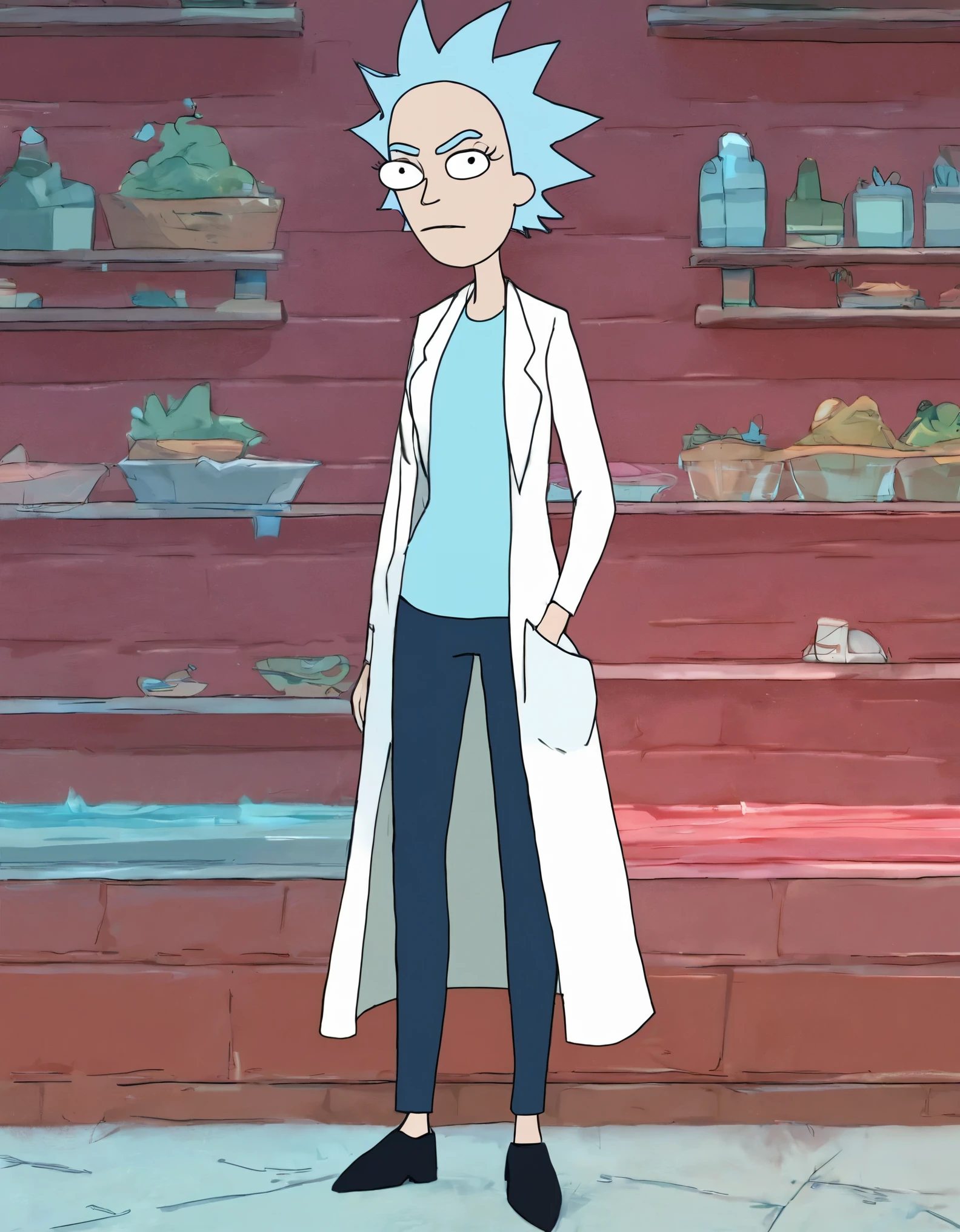 score_9,score_8_up,score_7_up,score_6_up,score_5_up,score_4_up, rating_safe,1 girl, solo, Rick,1boy,blue hair,black pupils,spiked hair,labcoat,long sleeves,blue shirt, rapping ,looking on viewer, full body, standing,