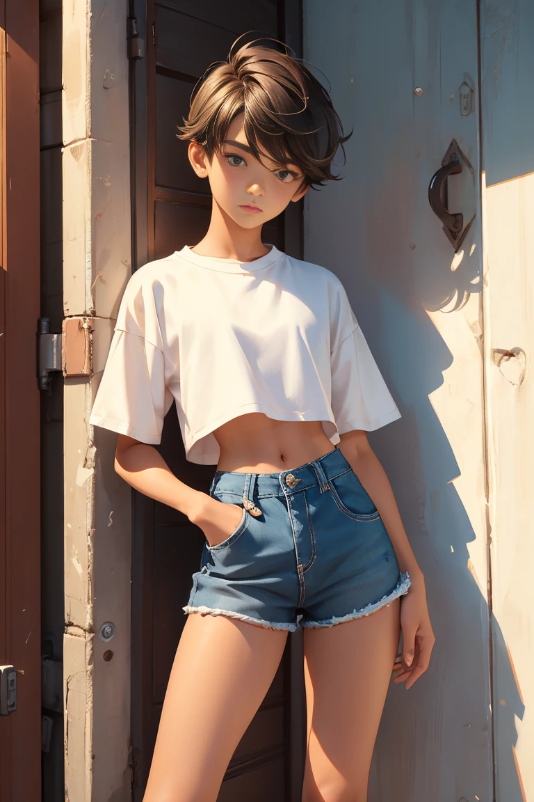 , beautiful teen boy is wearing apped shirt and too very much short mini shorts, the boy's legs are beautiful, tanned, bangs, flirty posing, hot summer, top quality,