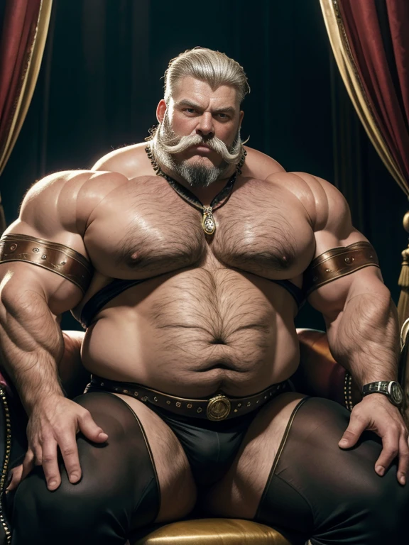  Hyperrealistic image of an elderly blonde 19th century superheroine Steampunk dancer sitting in a capitone Chippendale armchair upholstered in German red satin with a bare torso, combed gray hair and huge handlebar mustaches A super heavy bodybuilder flexing his muscles. A full body obese bodybuilder with a very sweaty body An extremely muscular and extremely fat man over 70 years old weighing over 600 pounds, a very hairy muscular man with very big legs and large, sagging pecs., pezones oscuros y ginecomastia en el escenario de un teatro steampunk con cortinas de terciopelo rojo y flecos dorados vestido con una tanga de raso negro medias negras de encaje en las piernas tacones negros muy altos  