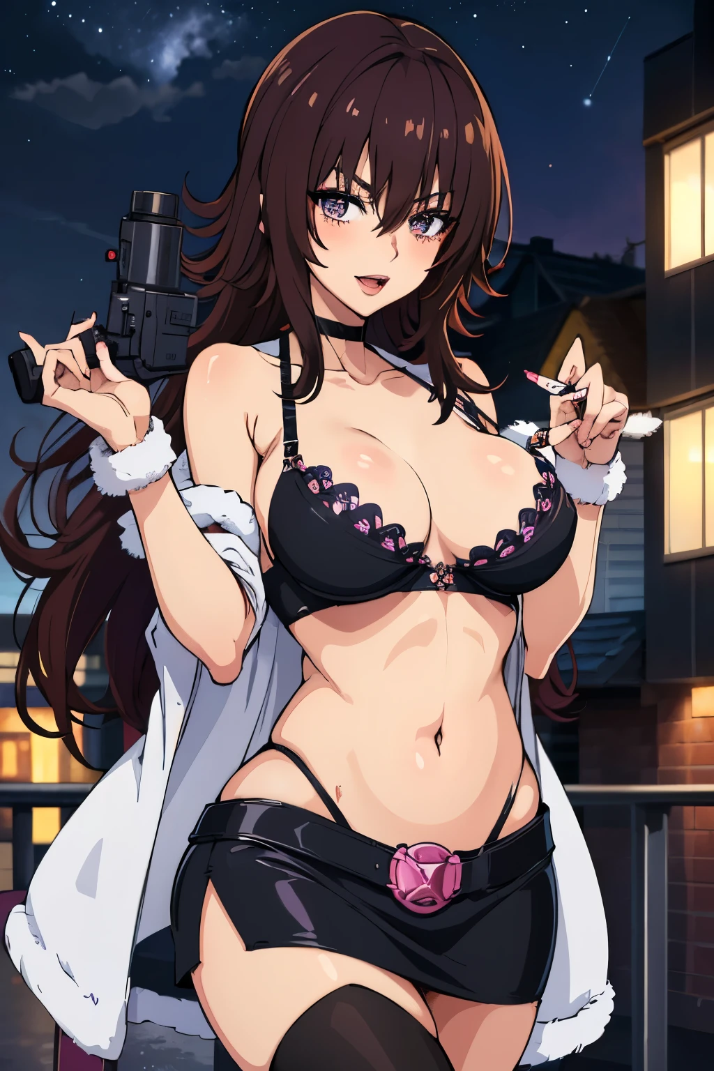 solo, 1girl, mikado ryouko, long hair, black hair, purple eyes, blush, lipstick, fur trim, mature female, gloves, fur-trimmed coat, outdoors, rooftop, cityscape, building, railing, night, night sky, scenery, city lights, masterpiece, best quality, highly detailed, a girls with a gun, open mouth, blazer, sexy gaze,, badass pose , evil smile, smile, black bra, anime girl with long hair, long haired girl,
navel, evil expression, exposed belly, exposed navel, exposed midriff, exposed lower belly, micro
miniskirt, micro pencil skirt, pencil skirt ,holding a gun, navel piercing