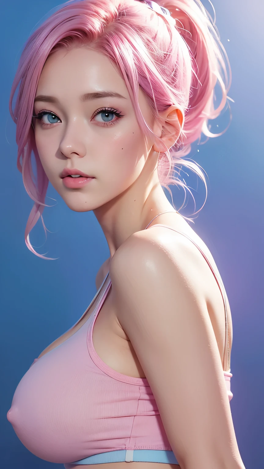 A with pink hair wearing a blue short top, Girl Portrait, realistic art style, 8k high quality detailed art, Beautiful digital artwork, Pink Girl, anime colored, Kawaii realistic portrait ,,Beautiful breasts, Huge breasts, Seductive figure, Full body photo ,Upper Body, Dynamic poses ,Pink gradient background