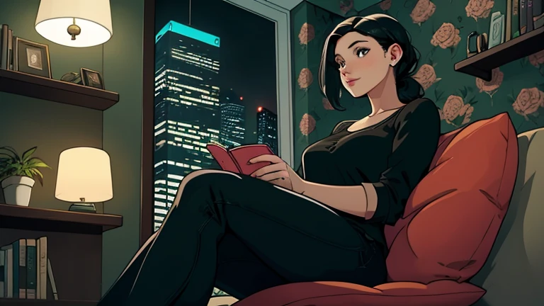 Beautiful woman in her 30s with black hair tied is sitting on the sofa. Looking down, LOFI girl, alone in the room, blouse, cozy wallpaper, big cushion, bookshelf, relaxing mood, night core, cozy, wide glass window with skyscrapers, outside view at night, only five fingers, green wall, listening to music with headphones, Deep black eyes