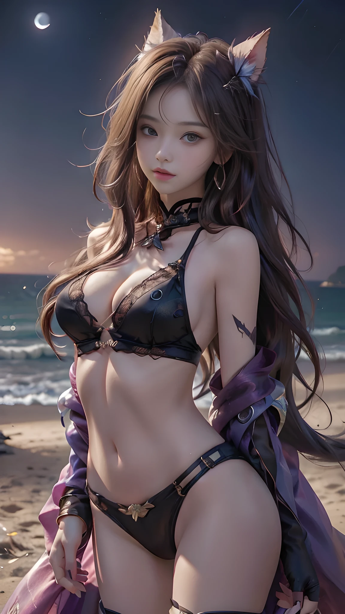 full hd 8k, Girl standing in front of a dark night scene, full moonlight reflecting on her beautiful face. Her long, silky hair was gently blown by the night wind, creating a gentle and romantic feeling. She is walking on a large beach. She looked up at the starry sky, as if searching for something, her eyes showing a pensive and lonely look. The full moon shines in the night sky creating a beautiful scene. The girl has long, silky hair, creating a luxurious and noble beauty. The moonlight shines on the girl's delicate face, highlighting her large, round light brown eyes, creating a natural, gentle beauty. She wore a little sexyly red bikini to create a sexy beauty. Her plumble breasts were exposed, revealing her plumble and extremely sexy breasts. These images capture detailed panoramic portraits and views of the sky and sea. All create a beautiful, wonderful picture that makes people unable to take their eyes off the scene. All of these details are depicted clearly and sharply, creating sexyly poses,