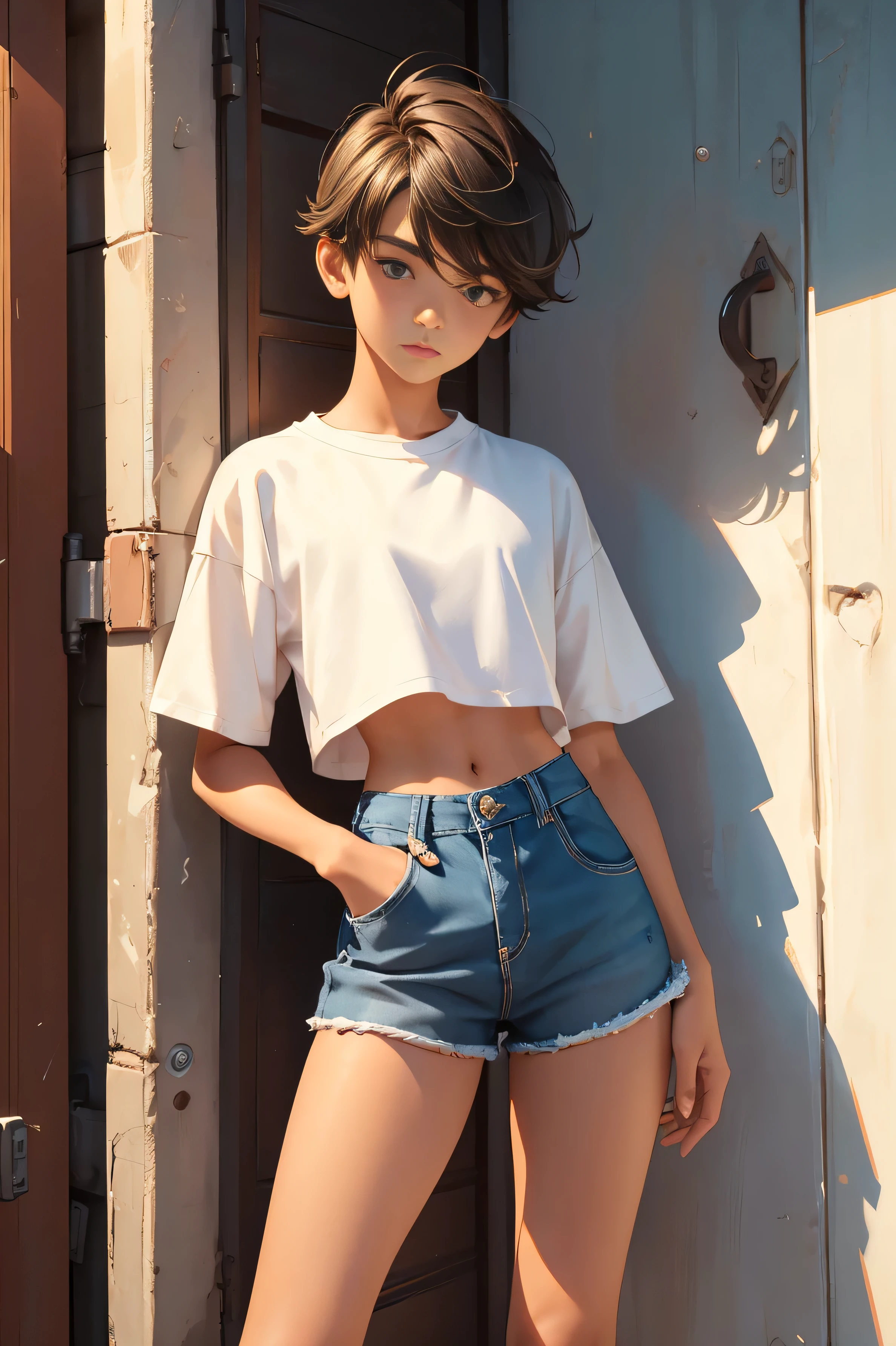 Teen boy 16 years old, beautiful teen boy is wearing a cropped shirt and too very much short mini shorts, the boy's legs are beautiful, tanned, bangs, flirty posing, hot summer, top quality,