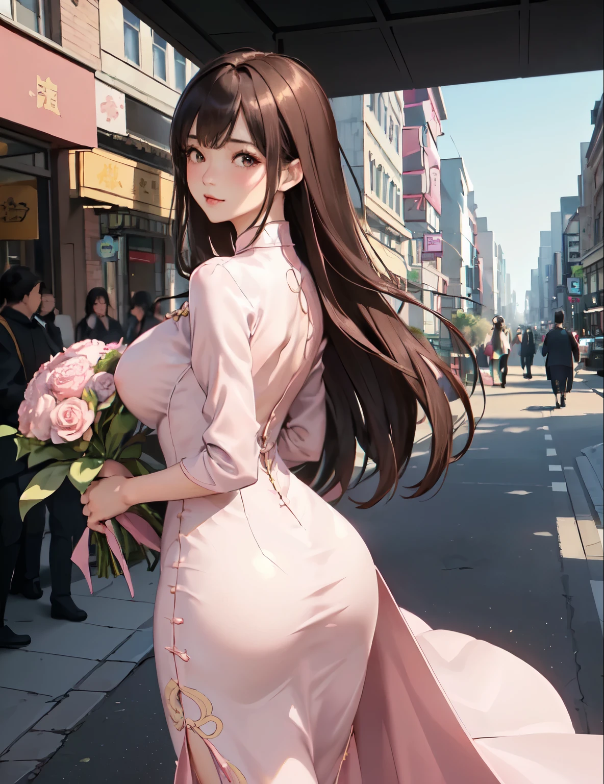 1 lady only, (look back) (From the back), (Stroll through the city), (Light pink cheongsam) fashionable, Become a, /(Dark brown hair/) Bangs, blush, (Masterpiece Best Quality:1.2) Exquisite illustrations with rich details, large breasts rest (Holding a bouquet) rest (Bustling downtown streets) outdoor, noon, squeeze, Detailed background