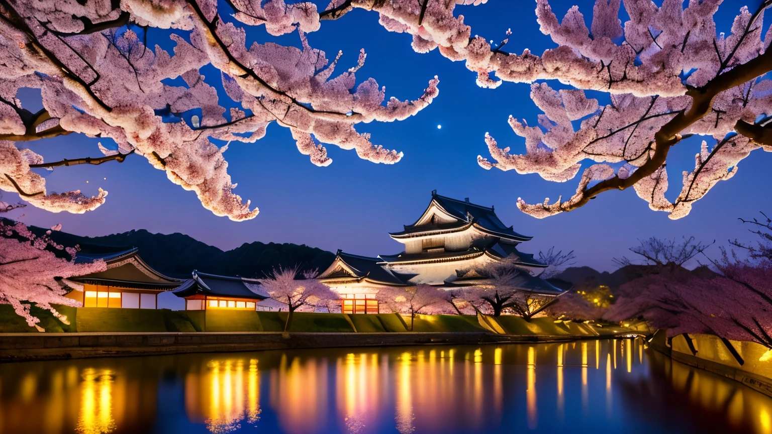 Cherry blossoms at night along the creek, Himeji Castle in Japan in the background, the moon, beautiful stars, and the countryside,