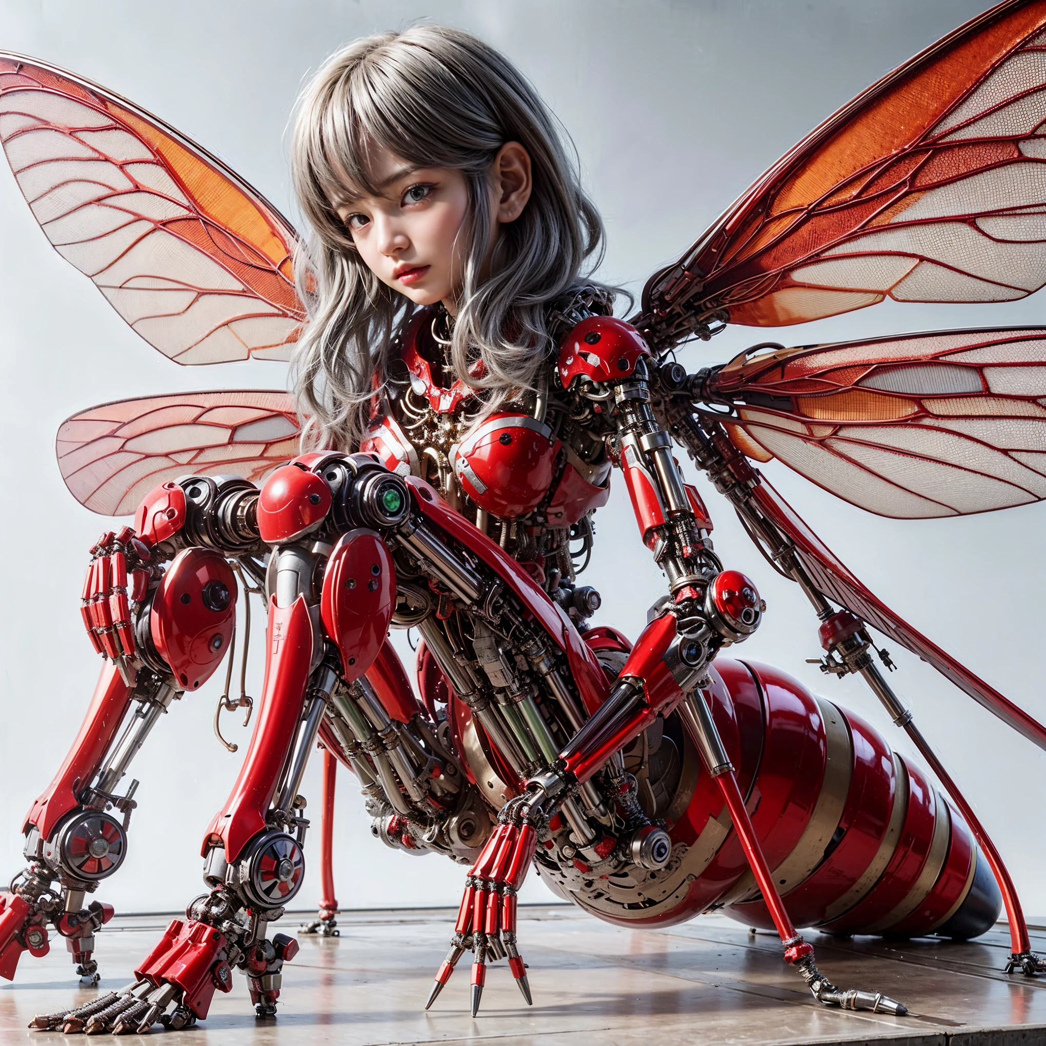 (top-quality:1.2, masterpiece), ultra high res,ultimately surrealism, (Photorealsitic:1.4), (stag beetle-like (mechanical:1.4) (armor:1.1)),mechanical large wings, red porcelain body、mechanical legs, gray  hair、glowy skin、1 Cyborg girl、(mechanical frame:1.3), japanese, extremely real face,  ((super realistic details)), full body shot, globalillumination, octan render, ultrasharp, character edge light, Details of complex ornaments, Acrylic Clear Cover, Hydraulic cylinder