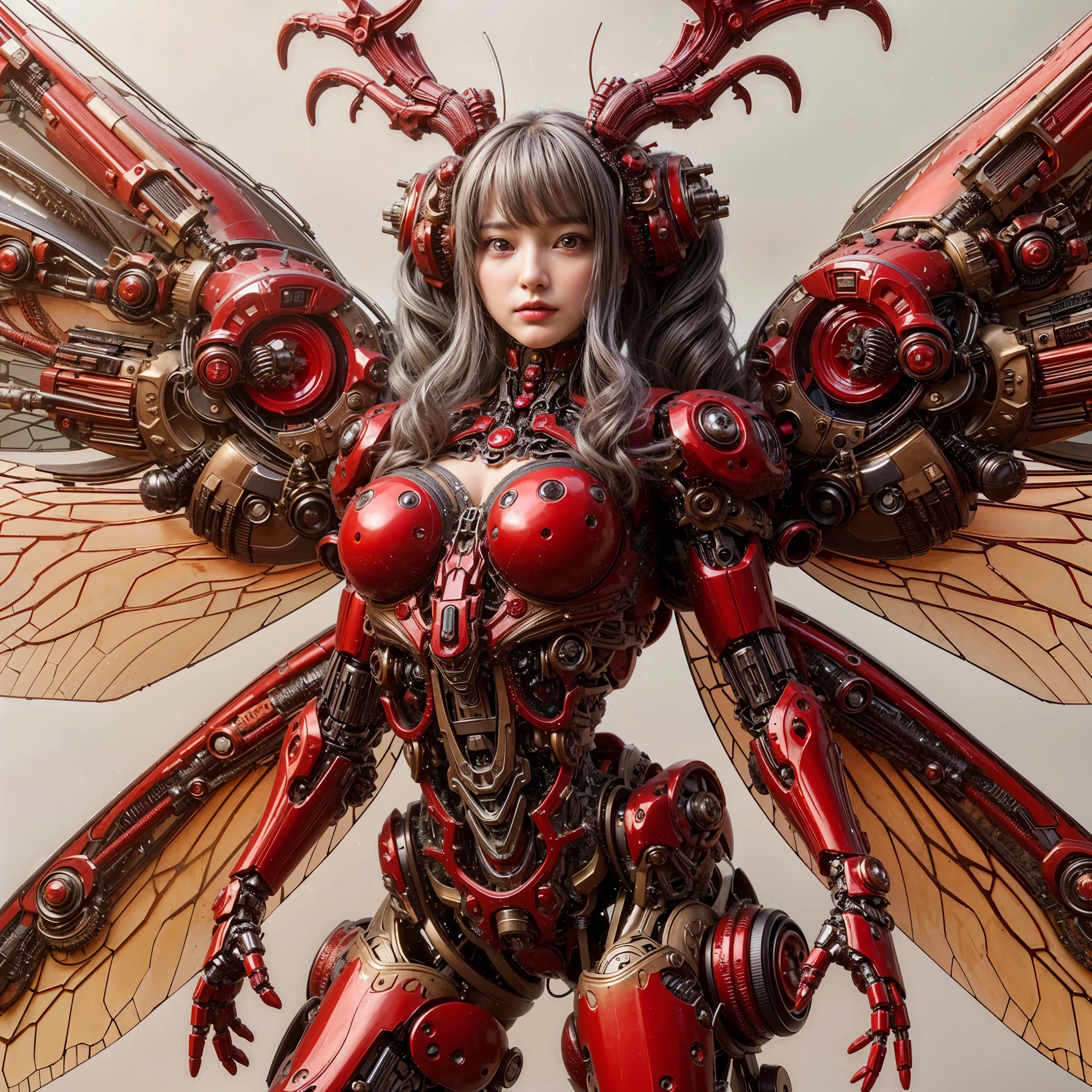 (top-quality:1.2, masterpiece), ultra high res,ultimately surrealism, (Photorealsitic:1.4), (stag beetle-like (mechanical:1.4) (armor:1.1)),mechanical large wings, red porcelain body、mechanical legs, gray  hair、glowy skin、1 Cyborg girl、(mechanical frame:1.3), japanese, extremely real face,  ((super realistic details)), full body shot, globalillumination, octan render, ultrasharp, character edge light, Details of complex ornaments, Acrylic Clear Cover, Hydraulic cylinder