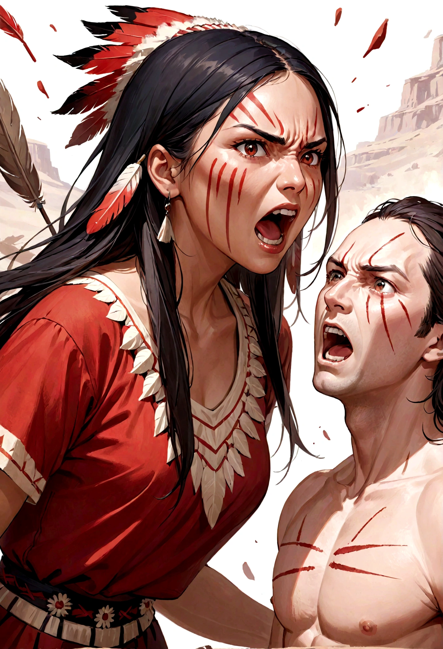 A Native American woman looking at a white man with an aggressive look. She shouts at him angrily. Her clothes are black/red. she has war paint on her face
