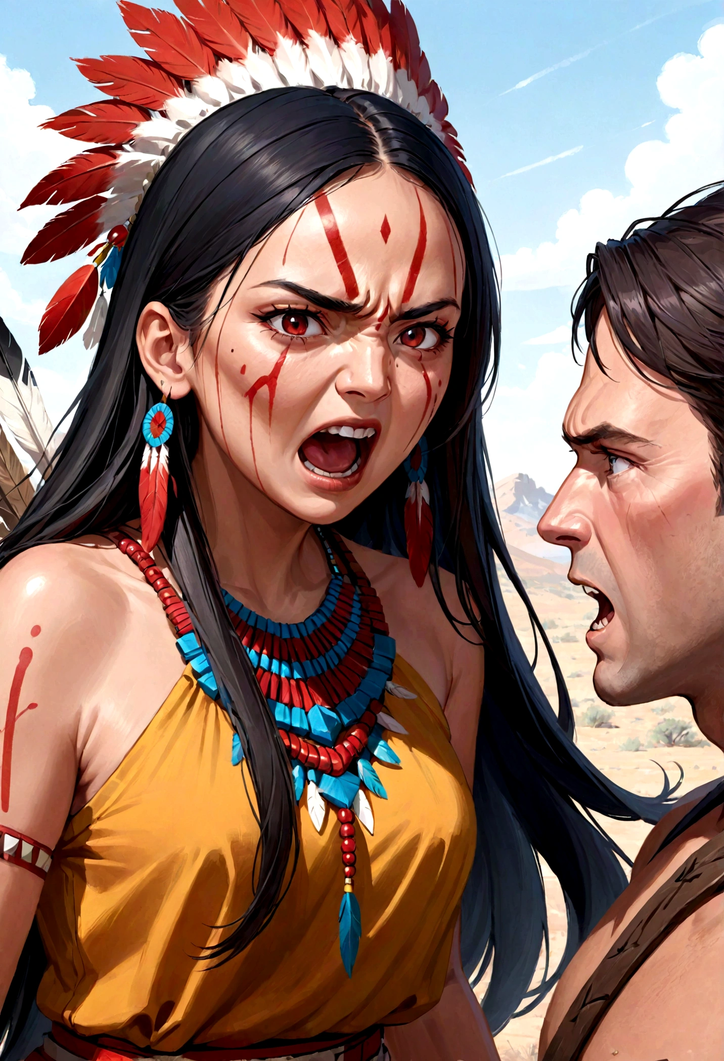 A Native American woman looking at a white man with an aggressive look. She shouts at him angrily. Her clothes are black/red. she has war paint on her face