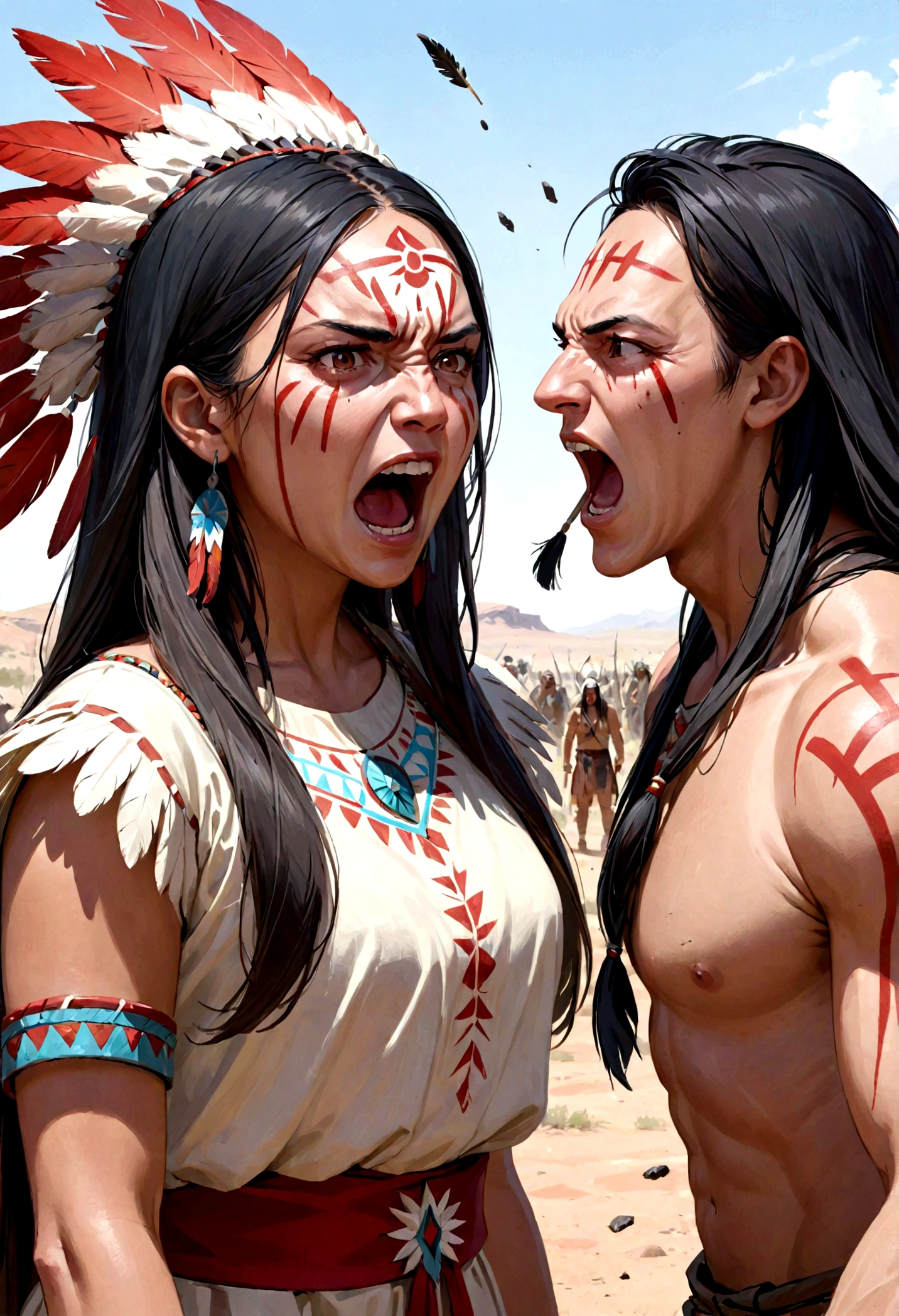 A Native American woman looking at a white man with an aggressive look. She shouts at him angrily. Her clothes are black/red. she has war paint on her face
