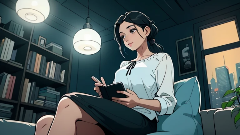 Beautiful woman in her 30s with black hair tied is sitting on the sofa. Looking down, LOFI girl, alone in the room, blouse, cozy wallpaper, big cushion, bookshelf, relaxing mood, night core, cozy, wide glass window with skyscrapers, outside view at night, only five fingers, light blue wall, listening to music with headphones, Deep black eyes