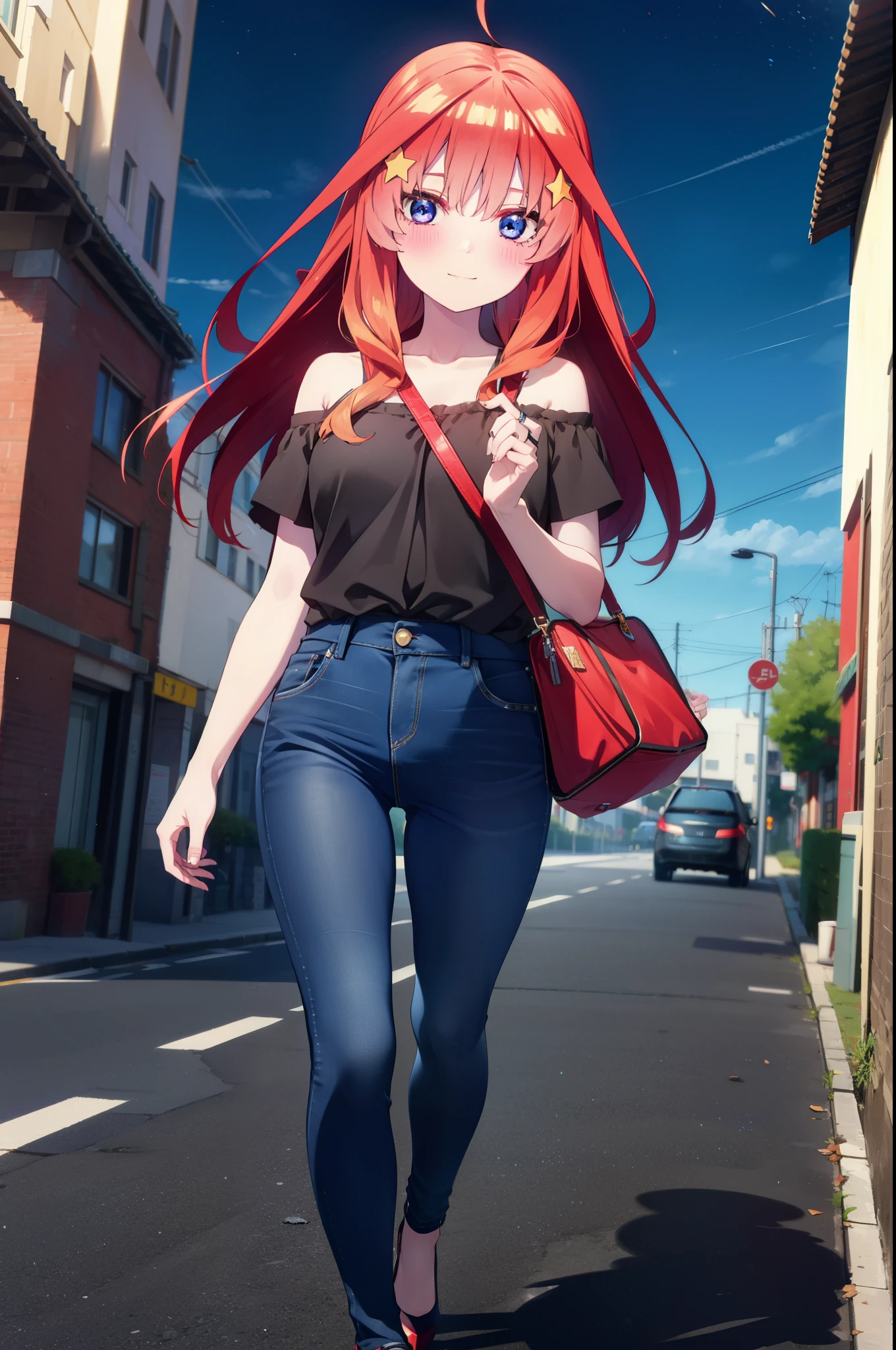 itsukinakano, Itsuki Nakano, bangs, blue eyes, Hair between the eyes, Ahoge, Redhead, star \(symbol\), hair ornaments, star hair ornaments,smile,blush,Cold shoulder tops,Skinny jeans,Short sleeve,Stiletto heels,night,Walking,moon,whole bodyがイラストに入るように,Looking down from above,
break outdoors, In town,Building district,
break looking at viewer, whole body,
break (masterpiece:1.2), highest quality, High resolution, unity 8k wallpaper, (figure:0.8), (Beautiful fine details:1.6), Highly detailed face, Perfect lighting, Highly detailed CG, (Perfect hands, Perfect Anatomy),