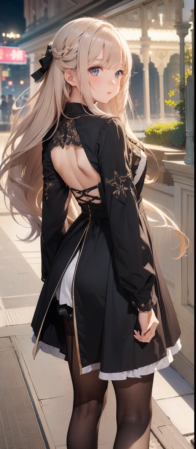 (1 Girl:1.3), (Reality:1.4), (masterpiece, Top quality, best quality, Official Art), Extremely detailed, The most detailed, (Extremely detailed), ((Extremely delicate and beautiful)), light, contemporary, Silky long hair, She stands at the station, night, shirt, long skirt, Pantyhose, Upper Body, from above, Shy, blush, (look back:1.4),
