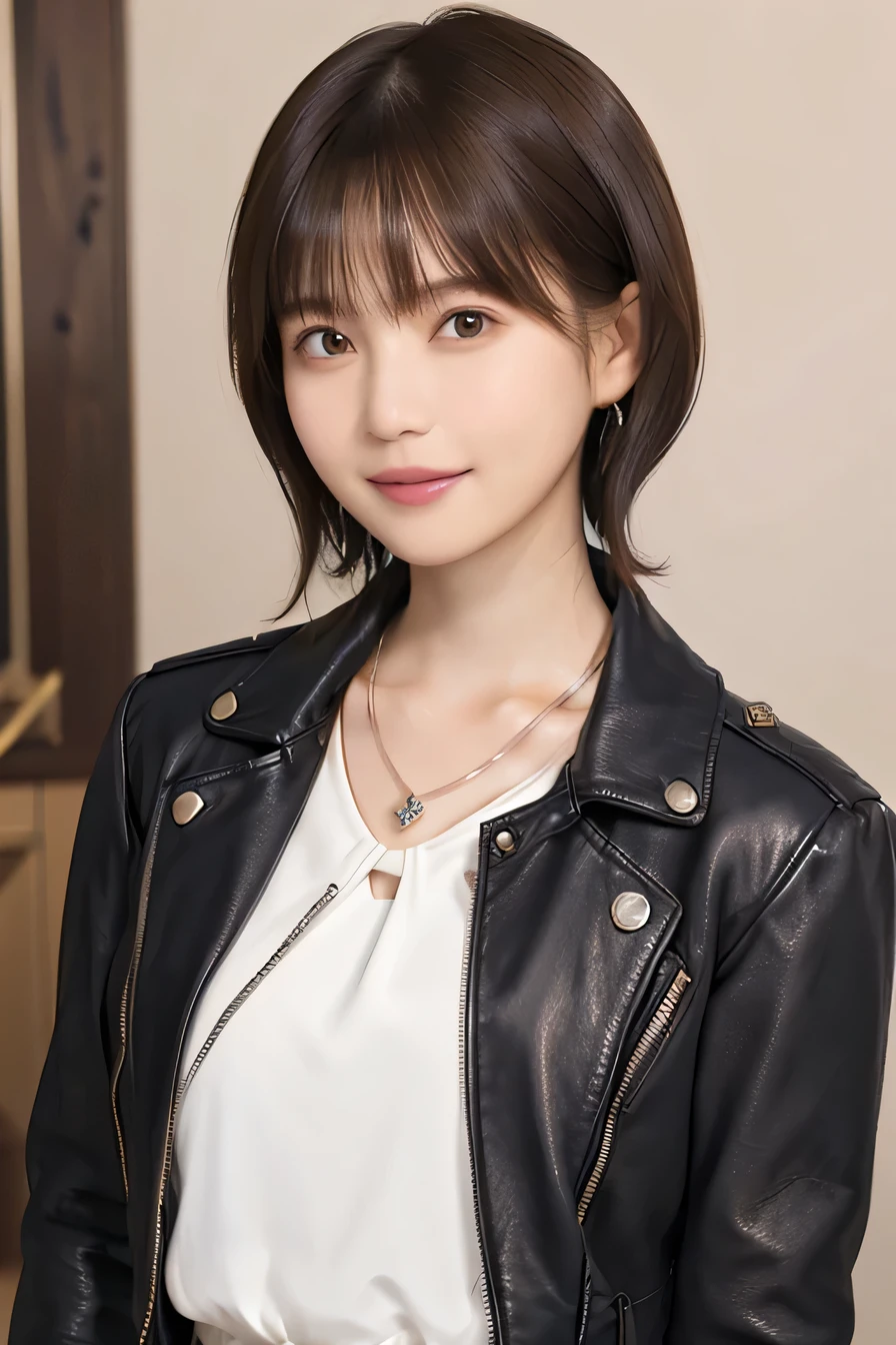 205 ((short hair)), 20-year-old female, Surrealism,leather jacket、blouse、(Shoulder Fashion)、 A refreshing smile、、Beautiful teeth alignment、Light brown hair、ear piercing、Necklace around the neck、