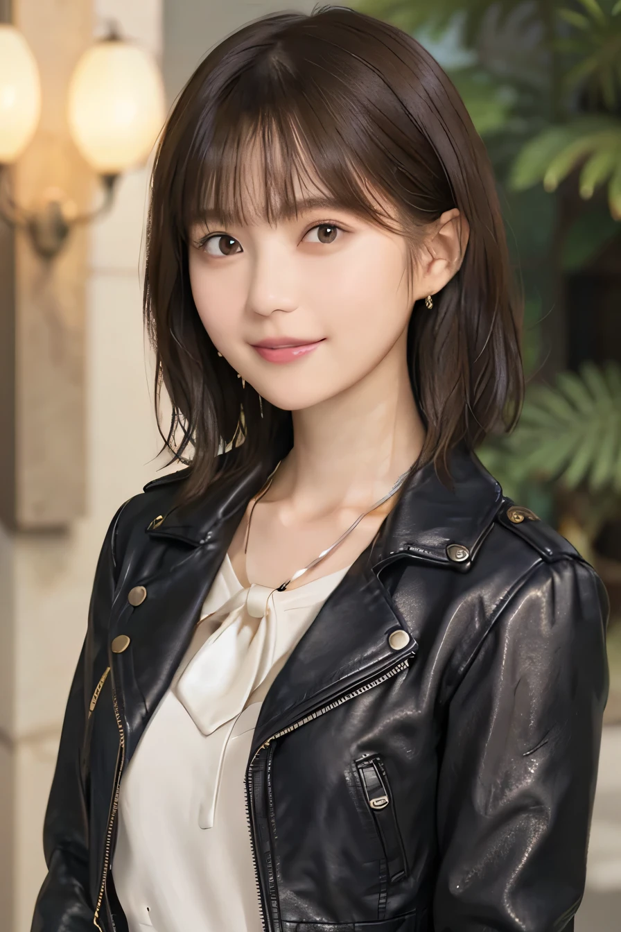 205 ((short hair)), 20-year-old female, Surrealism,leather jacket、blouse、(Shoulder Fashion)、 A refreshing smile、、Beautiful teeth alignment、Light brown hair、ear piercing、Necklace around the neck、