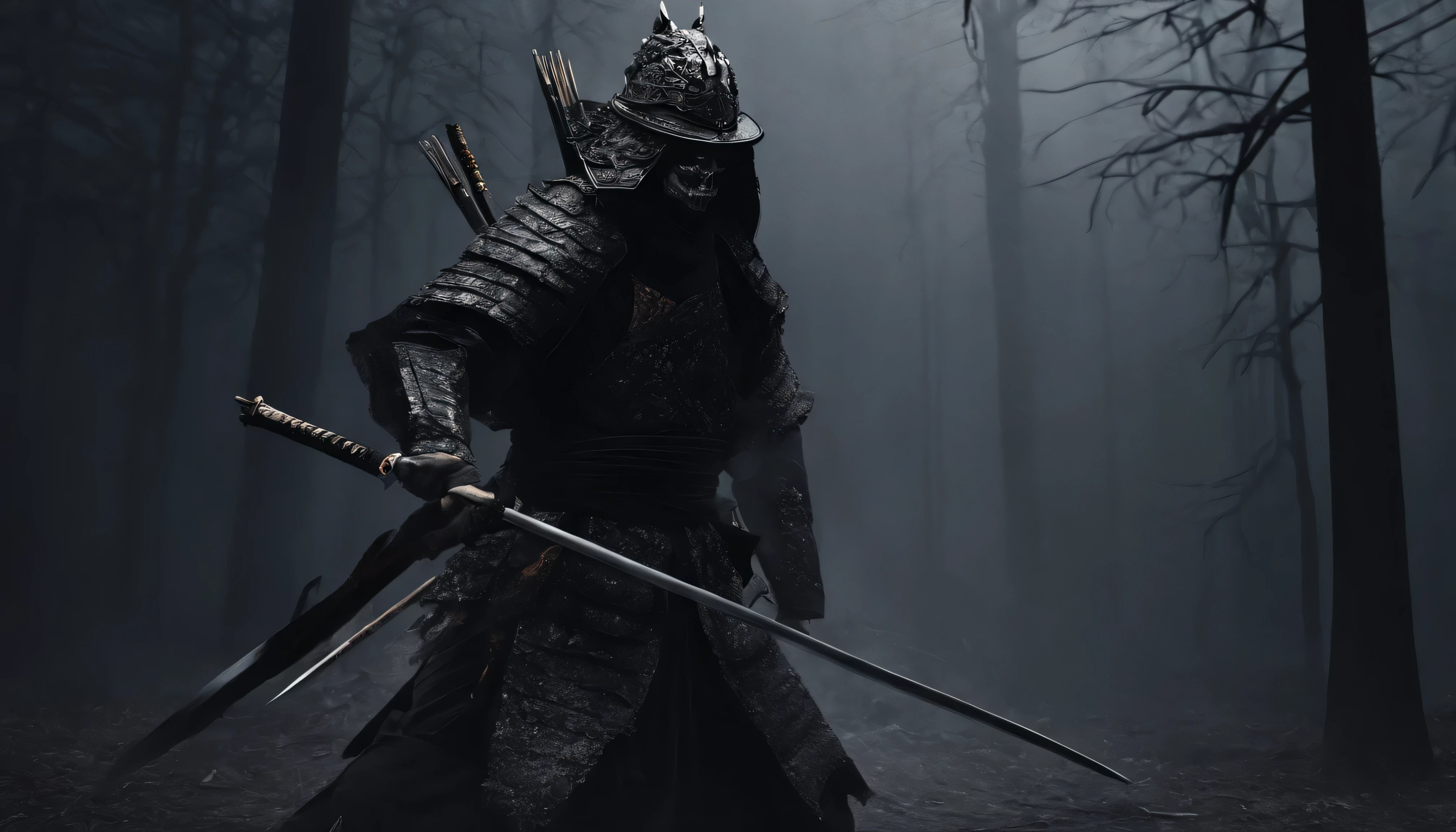 (best quality,4k,8k,A high resolution,master part:1.2),ultra-detalhado,Realistic:1.37,Samurai of Japan's Sengoku period,Use armadura samurai completa,Black skull mask,Segurando uma katana afiada, blood around katana, fire around him, completely dark mysterious, killing sense, several arrows stuck in his body