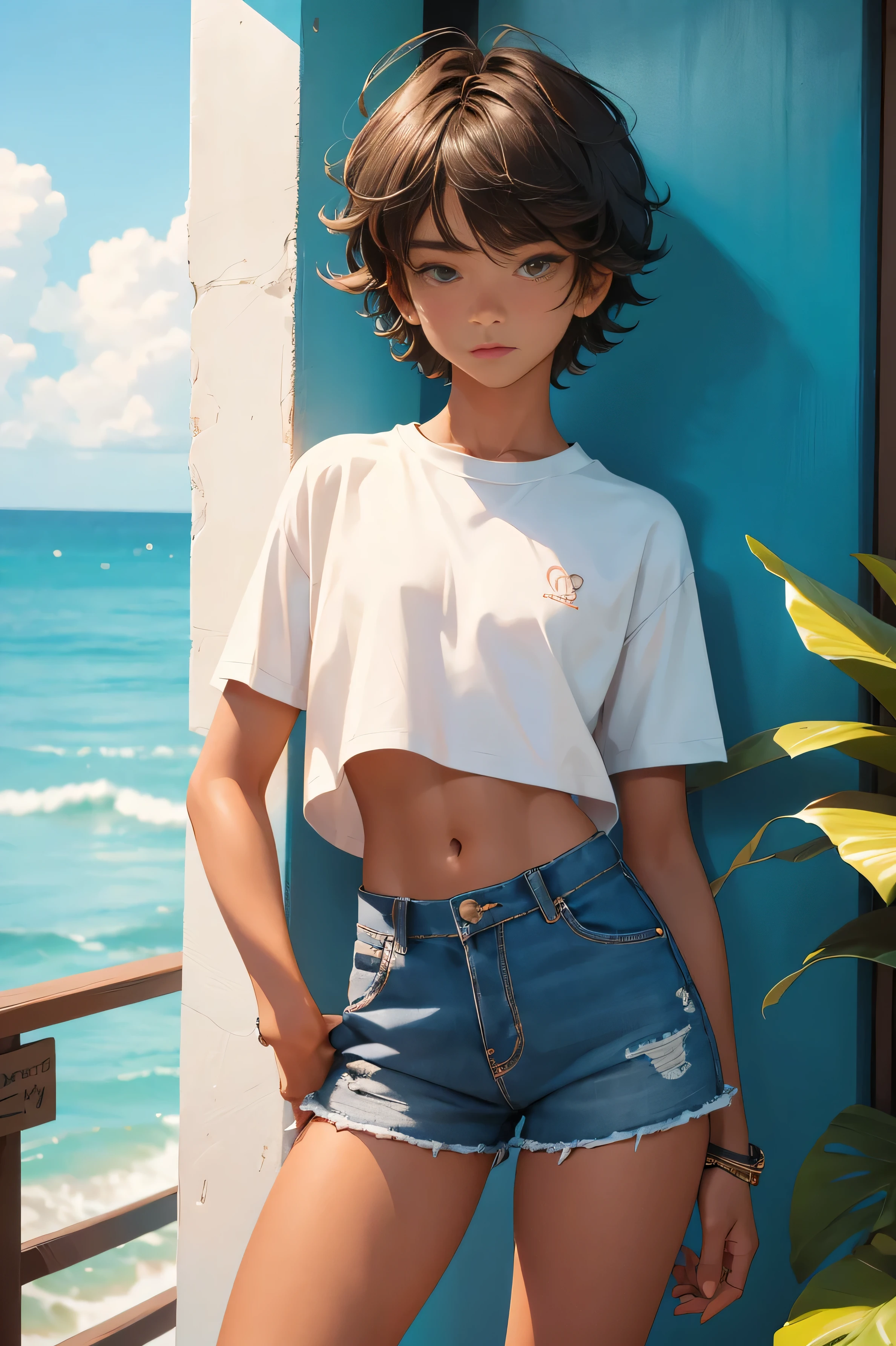 , beautiful teen boy is wearing apped shirt and too very much short mini shorts, the boy's legs are beautiful, tanned, bangs, flirty posing, hot summer, top quality,
