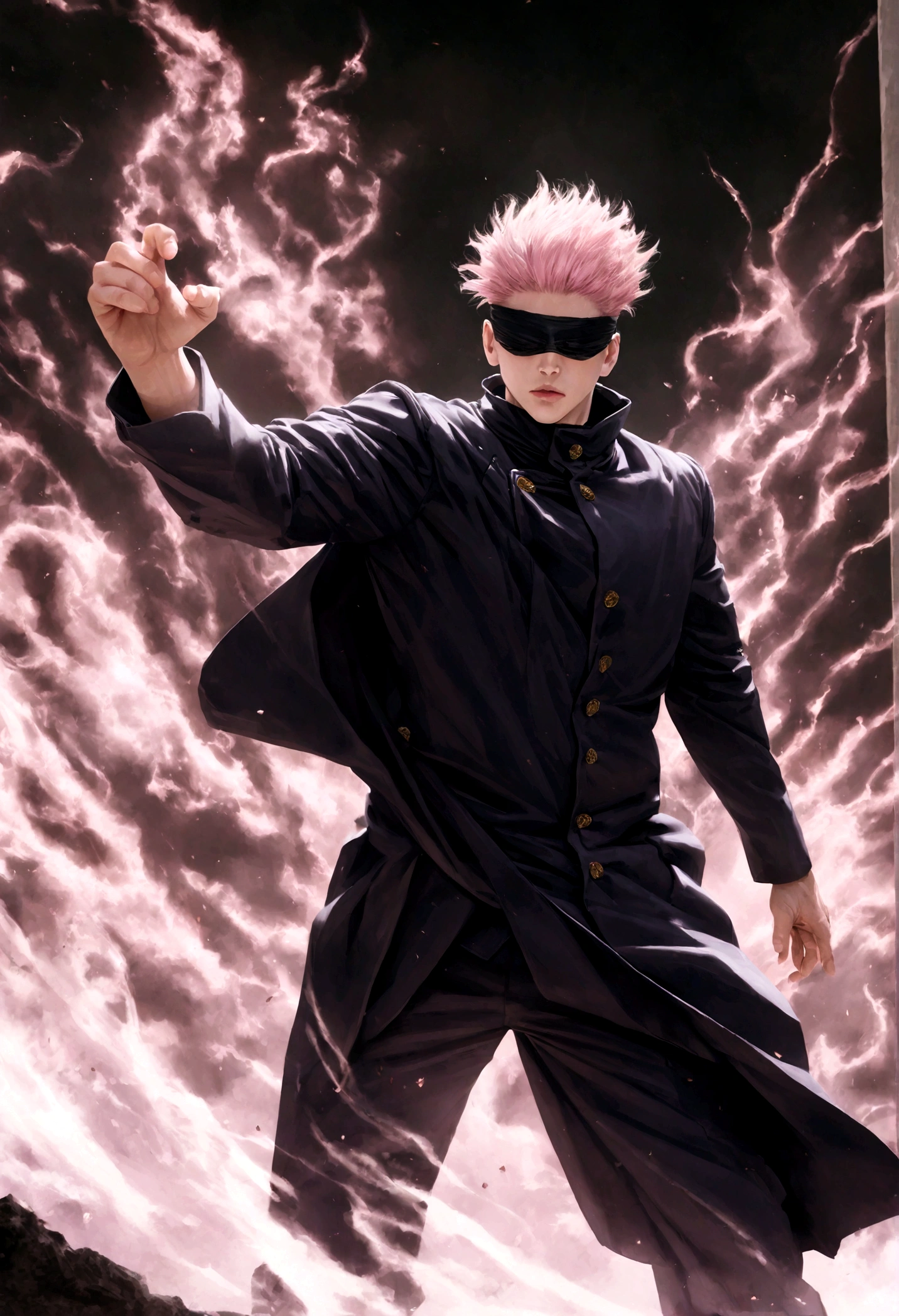 gojo satoru from the jujutsu kaisen universe, blindfolded with black cloth, powerful, imposing, pink swirling energy around his body, high school compound, photorealistic