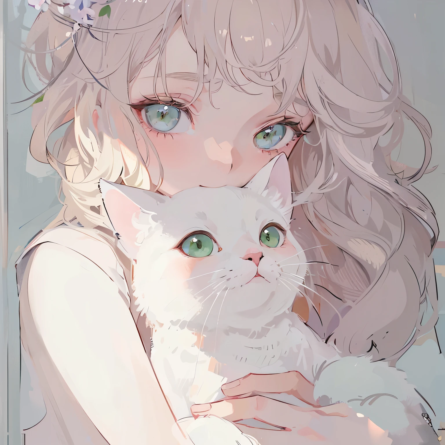 A beautiful, serene half-body illustration of a young woman with light blonde, wavy hair holding a white cat. The woman has green eyes and delicate features, looking gently at the viewer. The cat has green eyes, adding to their harmonious appearance. The background is soft and minimalistic, with a warm, calming color palette. The scene is a close-up shot, focusing on the woman's upper body and face, with the cat nestled comfortably in her arms. The overall style should be consistent with a warm, peaceful, and gentle atmosphere, masterpiece, best quality, sketch, eyes visible through hair,cute, light blush, laughing,((cat_pose)),