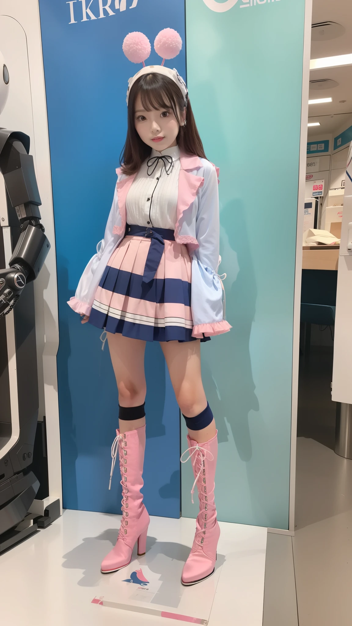 Costume like a idol, blue and white half sleeve Jacket, pink satin ruffled blouse, White and pink stripe pleated skirt, white lace up boots