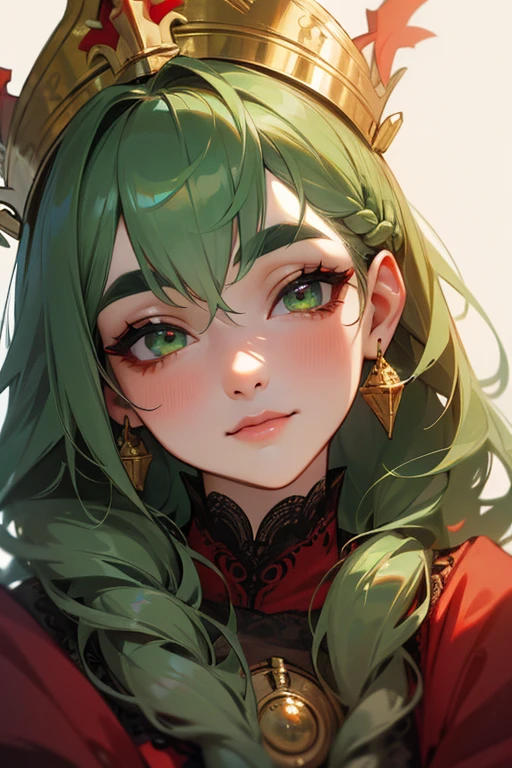 (highest quality, masterpiece:1.2), High resolution, Very detailed, Realistic:1.37, Fantasy, An illustration, Green Eyes、Queen, Red lace dress.Platinum decoration、beautifully、Eyeshadow Red、Thick eyebrows、Long eyelashes、pupils are black、Her hair is dark green、Gold crown、Kissing Face、Embarrassing、Beloved by the crowd、Hair is green、Braiding、hair ornaments、Laugh gently、Close one eye、Wink、Wink、