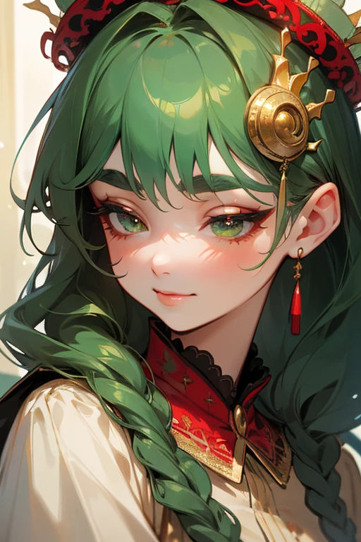 (Highest quality, masterpiece:1.2), High resolution, Very detailed, Realistic:1.37, Fantasy, An illustration, Green Eyes、Queen, Red lace dress.Platinum decoration、beautifully、Eyeshadow Red、Thick eyebrows、Long eyelashes、pupils are black、Her hair is dark green、Gold crown、Kissing Face、Embarrassing、Beloved by the crowd、Hair is green、Braiding、hair ornaments、((dance)).(Smile)、