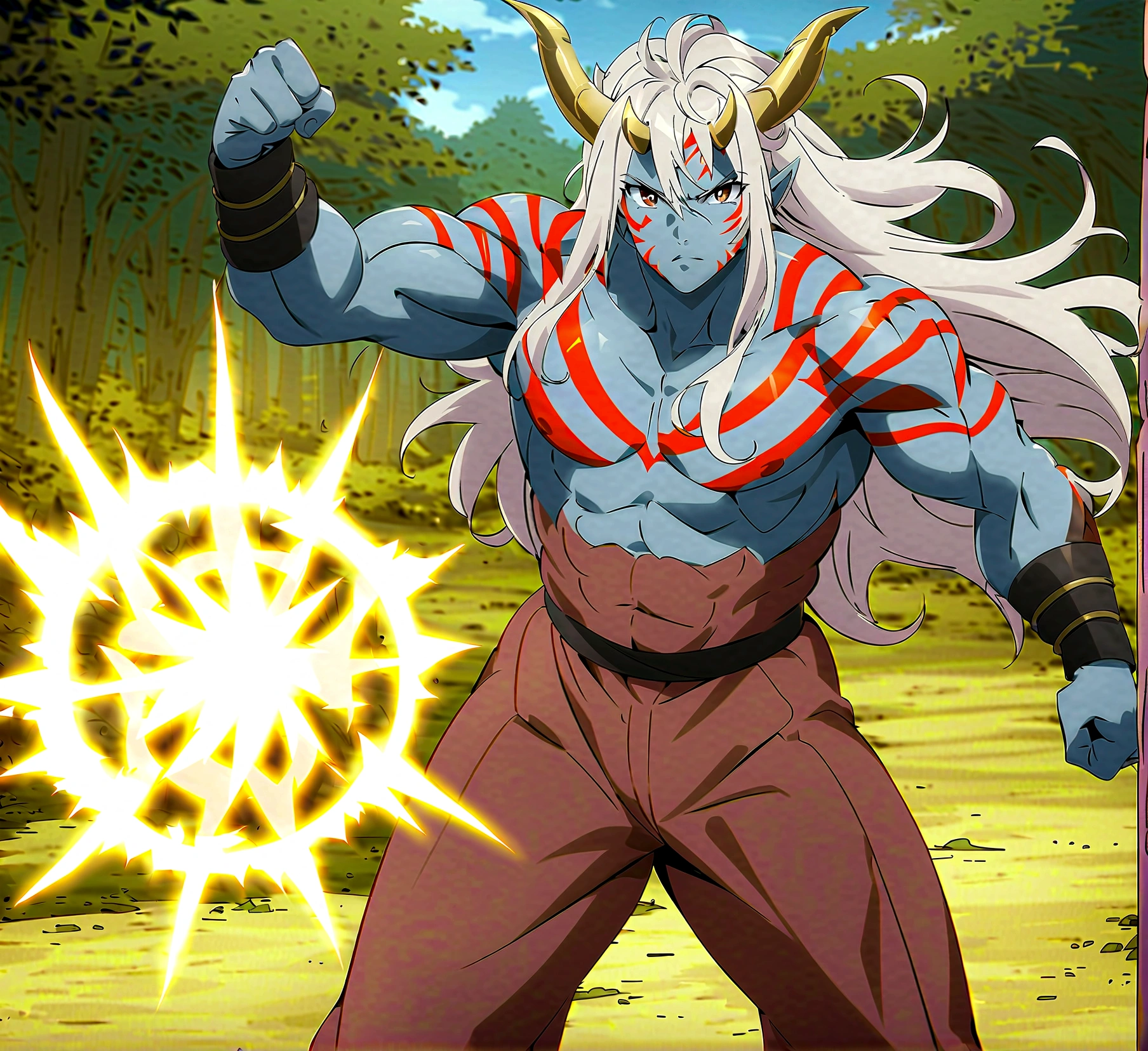 anime aestetic, anime character, standing in the battle pose, holding healbert, grey skin, male, serioce face, mature face, ogre, red tatoos, agry eyes, golden horns, two horns, ogre, muscular body, dynamic pose, brown eyes, white long hair, blury forest on the background, daytime, perfect quality, pov, highres, best quality, award winning, 4K, high details, anatomically correct, masterpiece