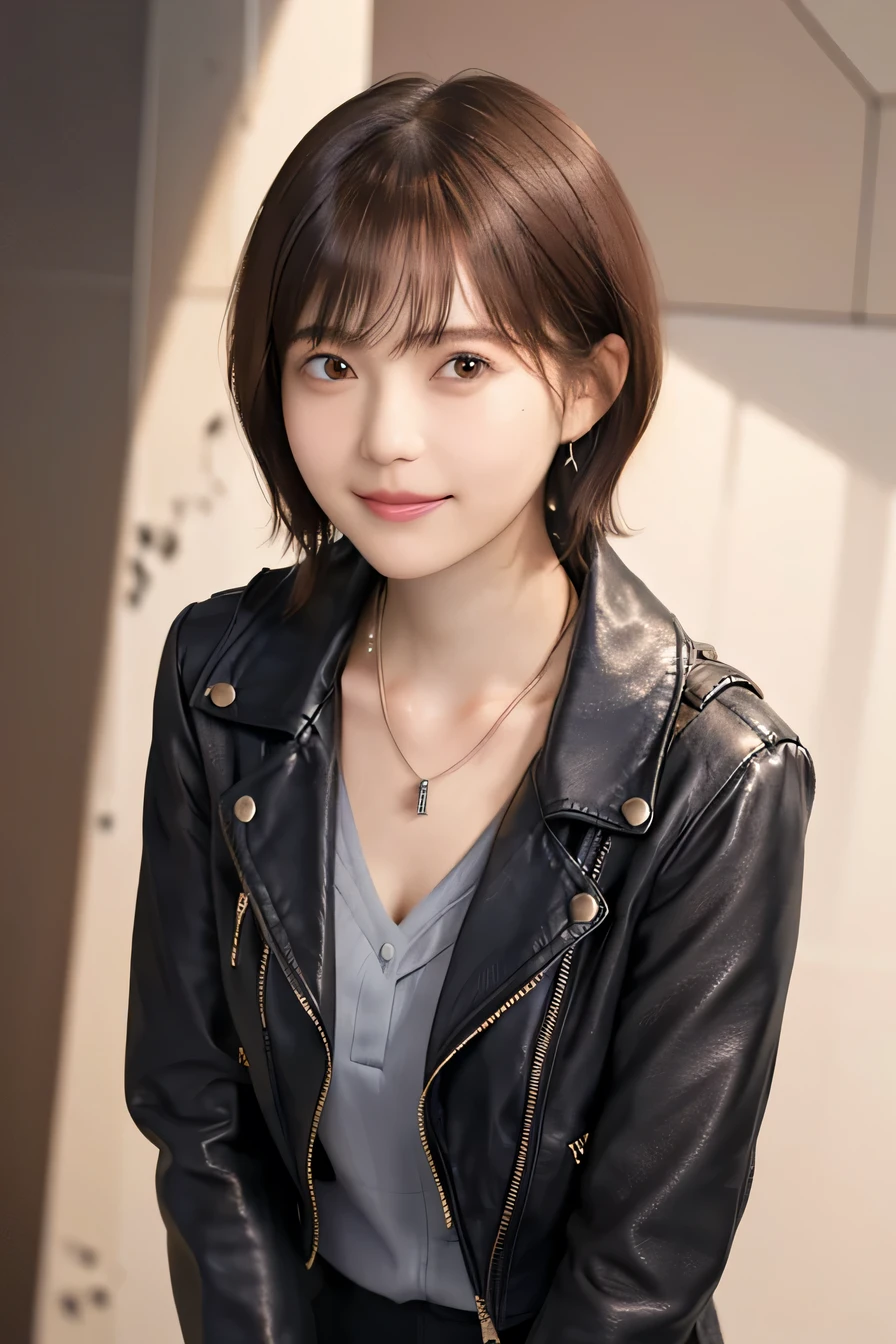 205 ((short hair)), 20-year-old female, Surrealism,leather jacket、blouse、Mask on mouth、Shoulder Fashion、 A refreshing smile、、Beautiful teeth alignment、Brown Hair、ear piercing、Necklace around the neck、