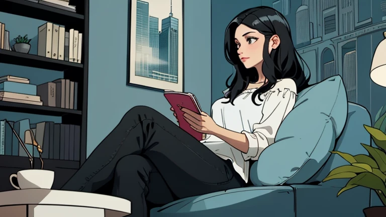 Beautiful woman in her 30s with black hair is sitting on the sofa. Looking down, LOFI girl, alone in the room, blouse, cozy wallpaper, big cushion, bookshelf, relaxing mood, night core, cozy, wide glass window with skyscrapers, outside view at night, only five fingers, light blue wall, listening to music with headphones, Deep black eyes