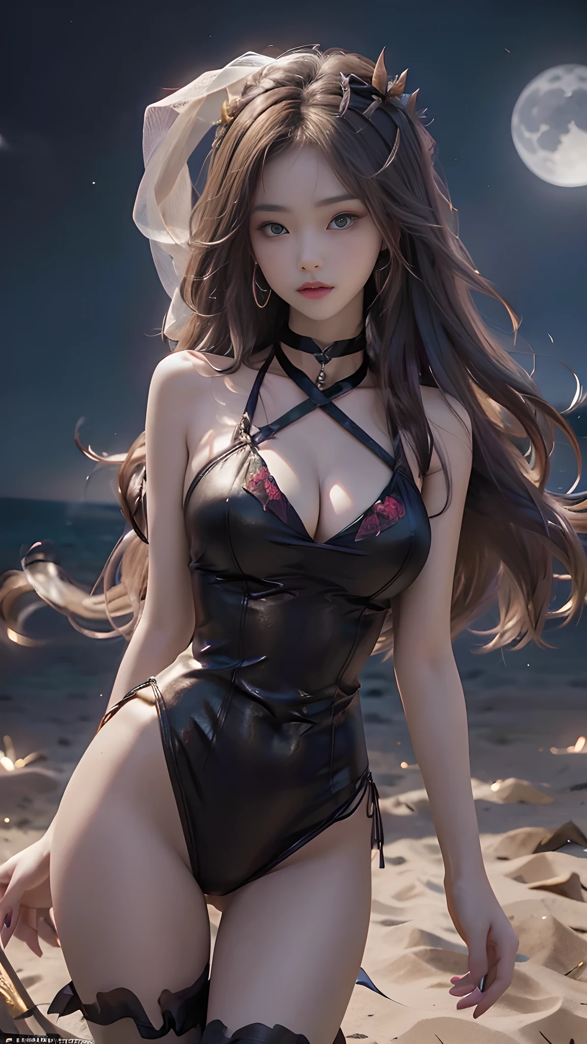 full hd 8k, Girl standing in front of a dark night scene, full moonlight reflecting on her beautiful face. Her long, silky hair was gently blown by the night wind, creating a gentle and romantic feeling. She is walking on a large beach. She looked up at the starry sky, as if searching for something, her eyes showing a pensive and lonely look. The full moon shines in the night sky creating a beautiful scene. The girl has long, silky hair, creating a luxurious and noble beauty. The moonlight shines on the girl's delicate face, highlighting her large, round light brown eyes, creating a natural, gentle beauty. She wore a little sexyly red dress to create a sexy beauty. Her plumble breasts were exposed, revealing her plumble and extremely sexy breasts. These images capture detailed panoramic portraits and views of the sky and sea. All create a beautiful, wonderful picture that makes people unable to take their eyes off the scene. All of these details are depicted clearly and sharply, creating sexyly poses,