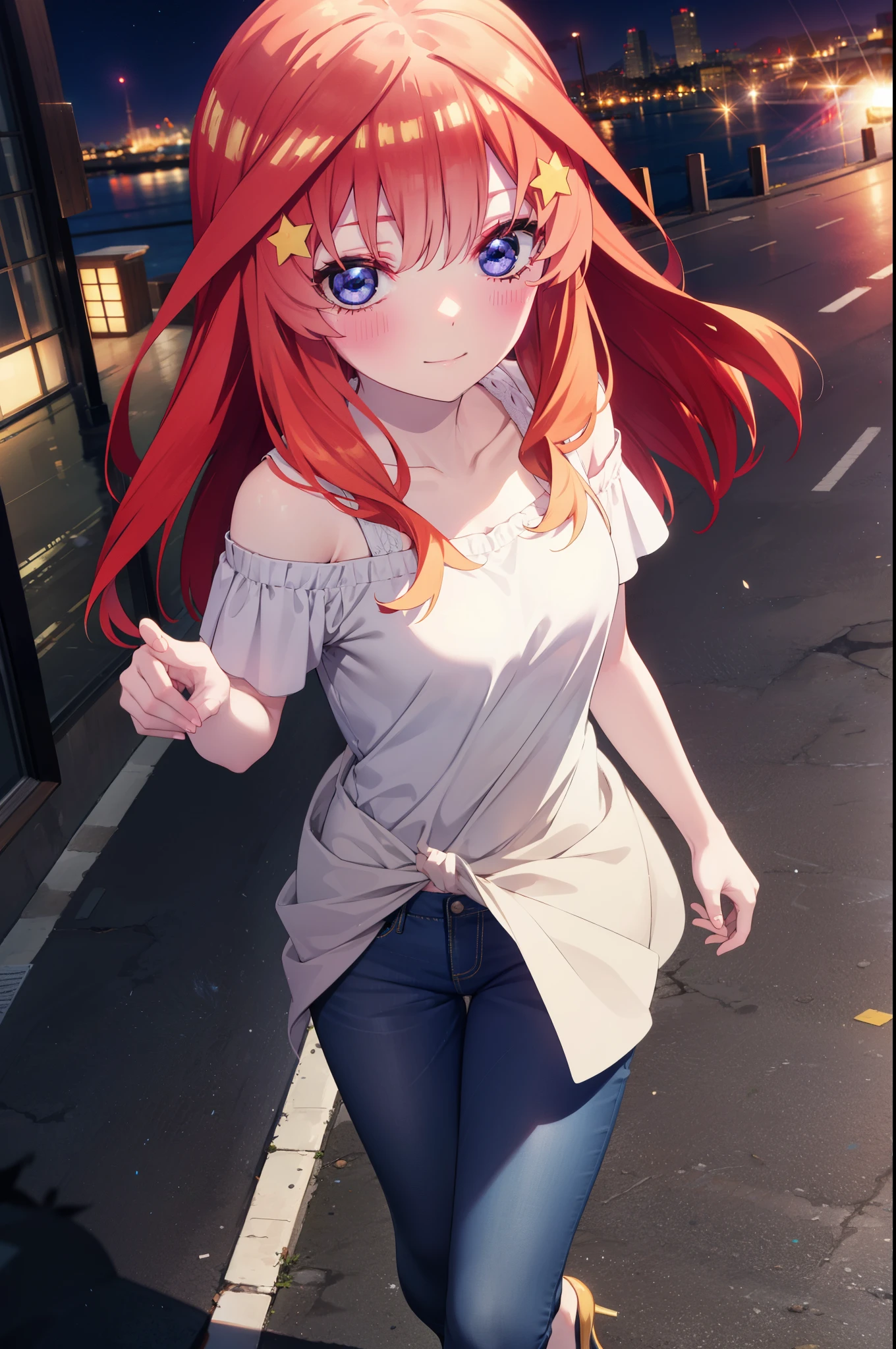 itsukinakano, Itsuki Nakano, bangs, blue eyes, Hair between the eyes, Ahoge, Redhead, star \(symbol\), hair ornaments, star hair ornaments,smile,blush,Cold shoulder tops,Skinny jeans,Short sleeve,Stiletto heels,night,Walking,moon,whole bodyがイラストに入るように,Looking down from above,
break outdoors, In town,Building district,
break looking at viewer, whole body,
break (masterpiece:1.2), highest quality, High resolution, unity 8k wallpaper, (figure:0.8), (Beautiful fine details:1.6), Highly detailed face, Perfect lighting, Highly detailed CG, (Perfect hands, Perfect Anatomy),