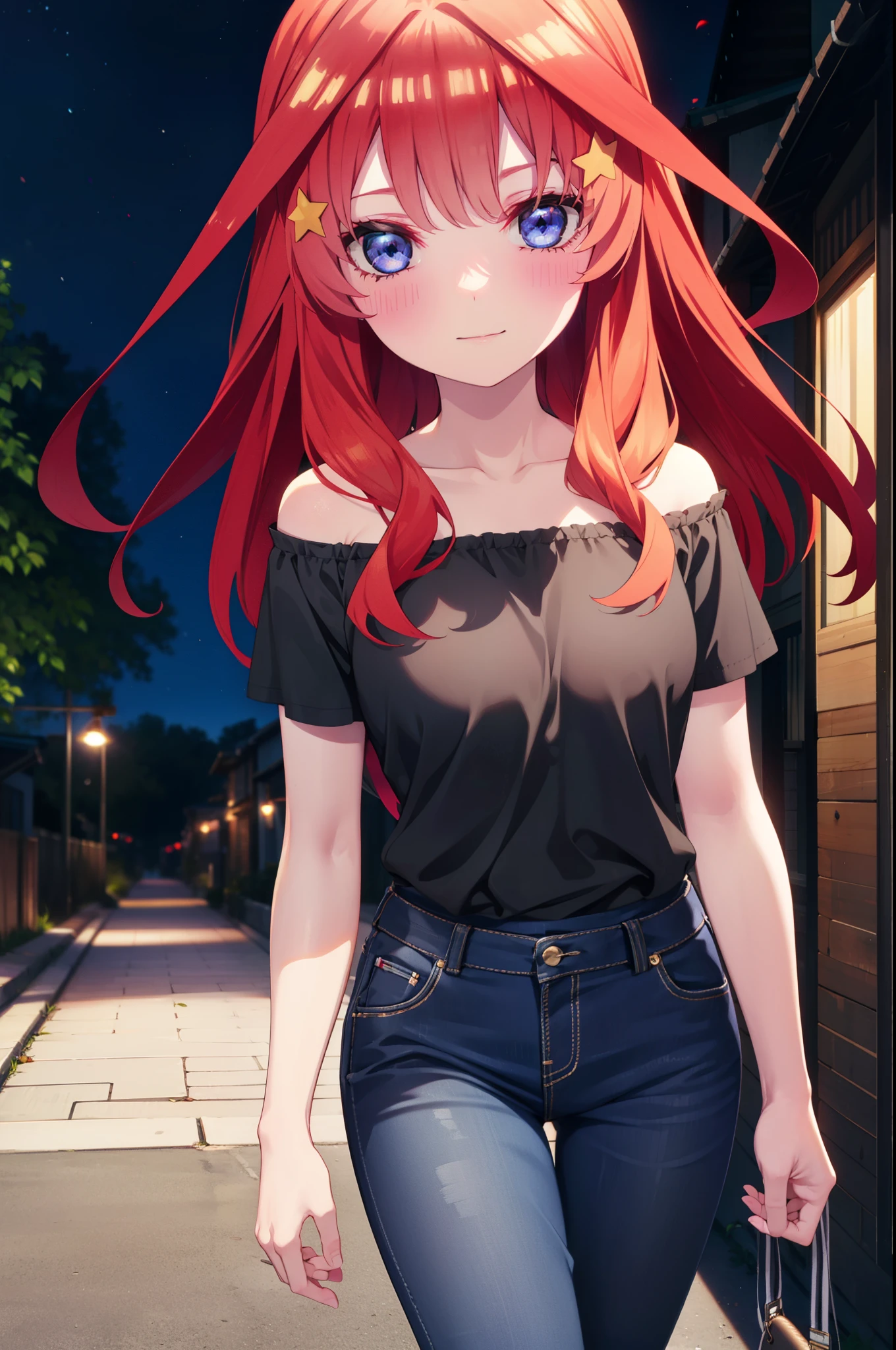 itsukinakano, Itsuki Nakano, bangs, blue eyes, Hair between the eyes, Ahoge, Redhead, star \(symbol\), hair ornaments, star hair ornaments,smile,blush,Cold shoulder tops,Skinny jeans,Short sleeve,Stiletto heels,night,Walking,moon,whole bodyがイラストに入るように,Looking down from above,
break outdoors, In town,Building district,
break looking at viewer, whole body,
break (masterpiece:1.2), highest quality, High resolution, unity 8k wallpaper, (figure:0.8), (Beautiful fine details:1.6), Highly detailed face, Perfect lighting, Highly detailed CG, (Perfect hands, Perfect Anatomy),