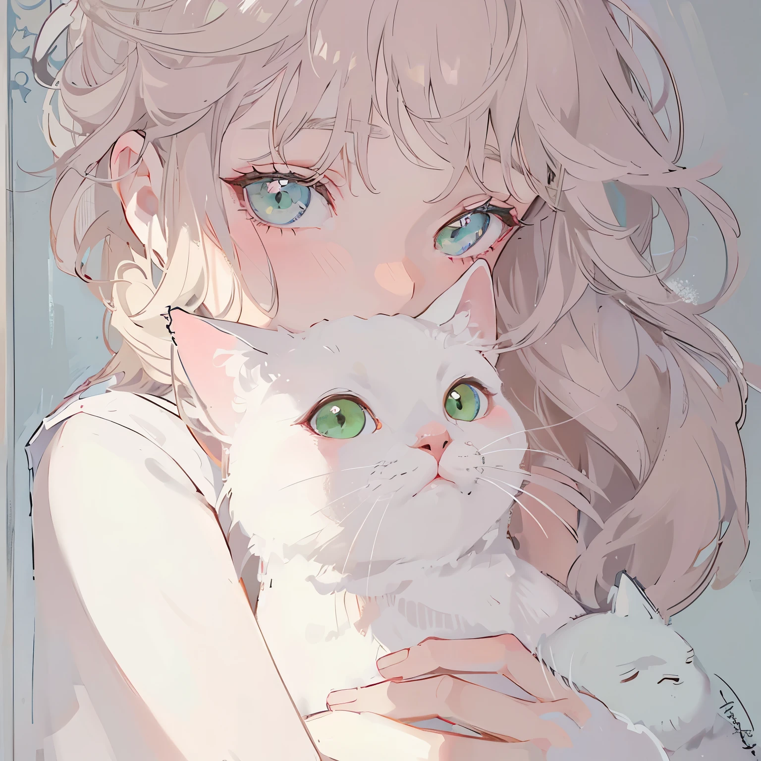 A beautiful, serene half-body illustration of a young woman with light blonde, wavy hair holding a white cat. The woman has green eyes and delicate features, looking gently at the viewer. The cat has green eyes, adding to their harmonious appearance. The background is soft and minimalistic, with a warm, calming color palette. The scene is a close-up shot, focusing on the woman's upper body and face, with the cat nestled comfortably in her arms. The overall style should be consistent with a warm, peaceful, and gentle atmosphere, masterpiece, best quality, sketch, eyes visible through hair,cute, light blush, laughing,((cat_pose)),