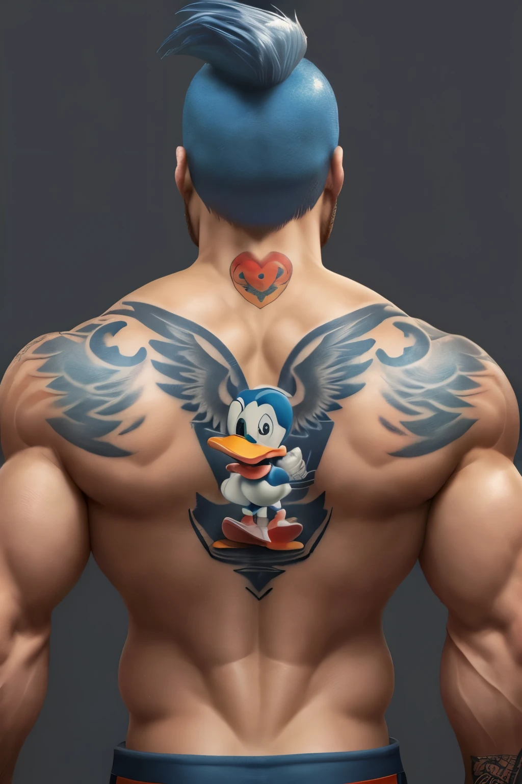 best quality, a tattoo of Donald Duck with a menacing expression covering the entire back of a strong, muscular man