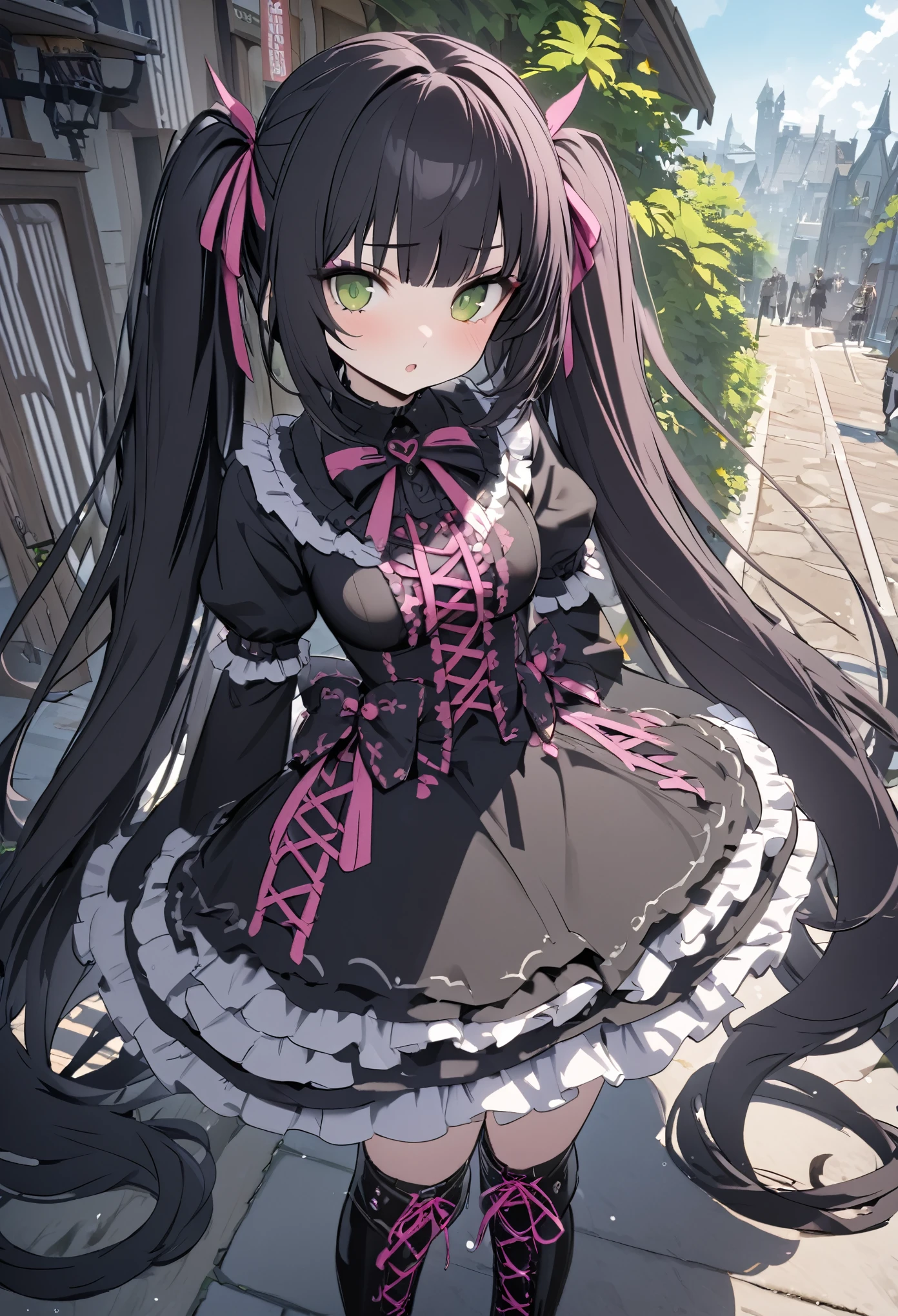 master piece Highest quality Unity 8k,(twin tail),hair ribbon,black hair,very long hair,green eye,(jiraikei (pink gothic lolita:1.3)),lace up boots,outdoor