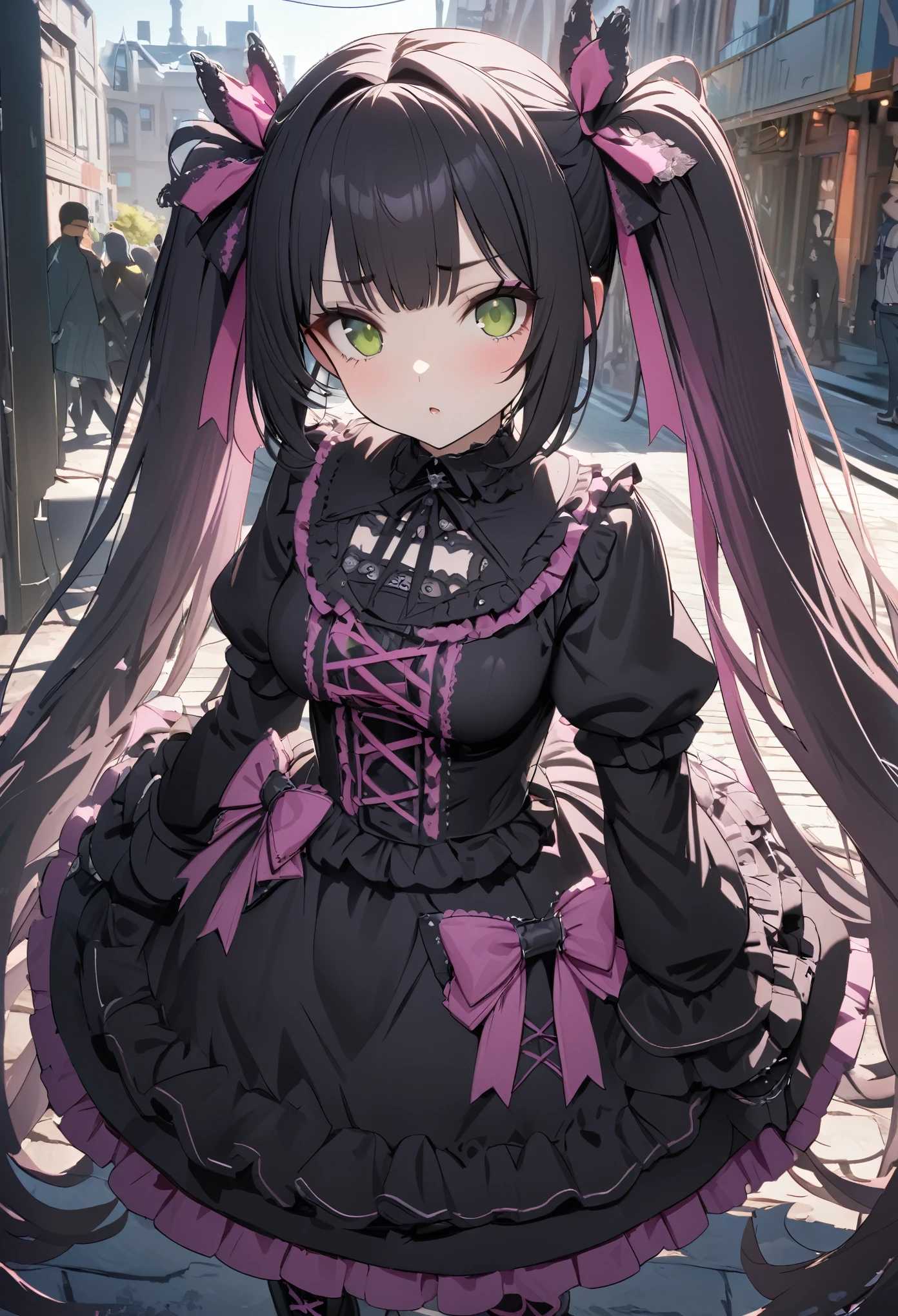 master piece Highest quality Unity 8k,(twin tail),hair ribbon,black hair,very long hair,green eye,(jiraikei (pink gothic lolita:1.3)),lace up boots,outdoor