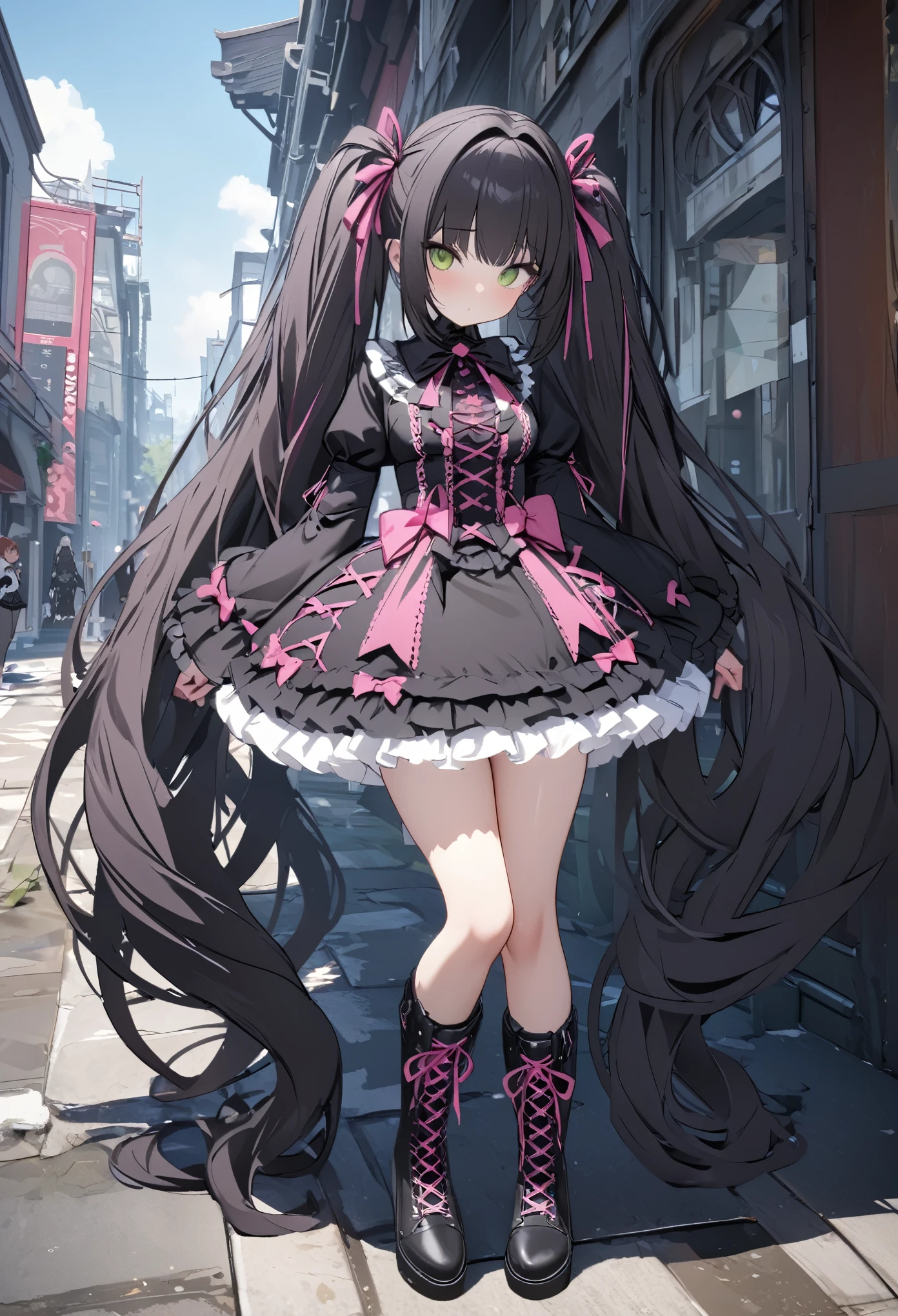 master piece Highest quality Unity 8k,(twin tail),hair ribbon,black hair,very long hair,green eye,(jiraikei (pink gothic lolita:1.3)),lace up boots,outdoor