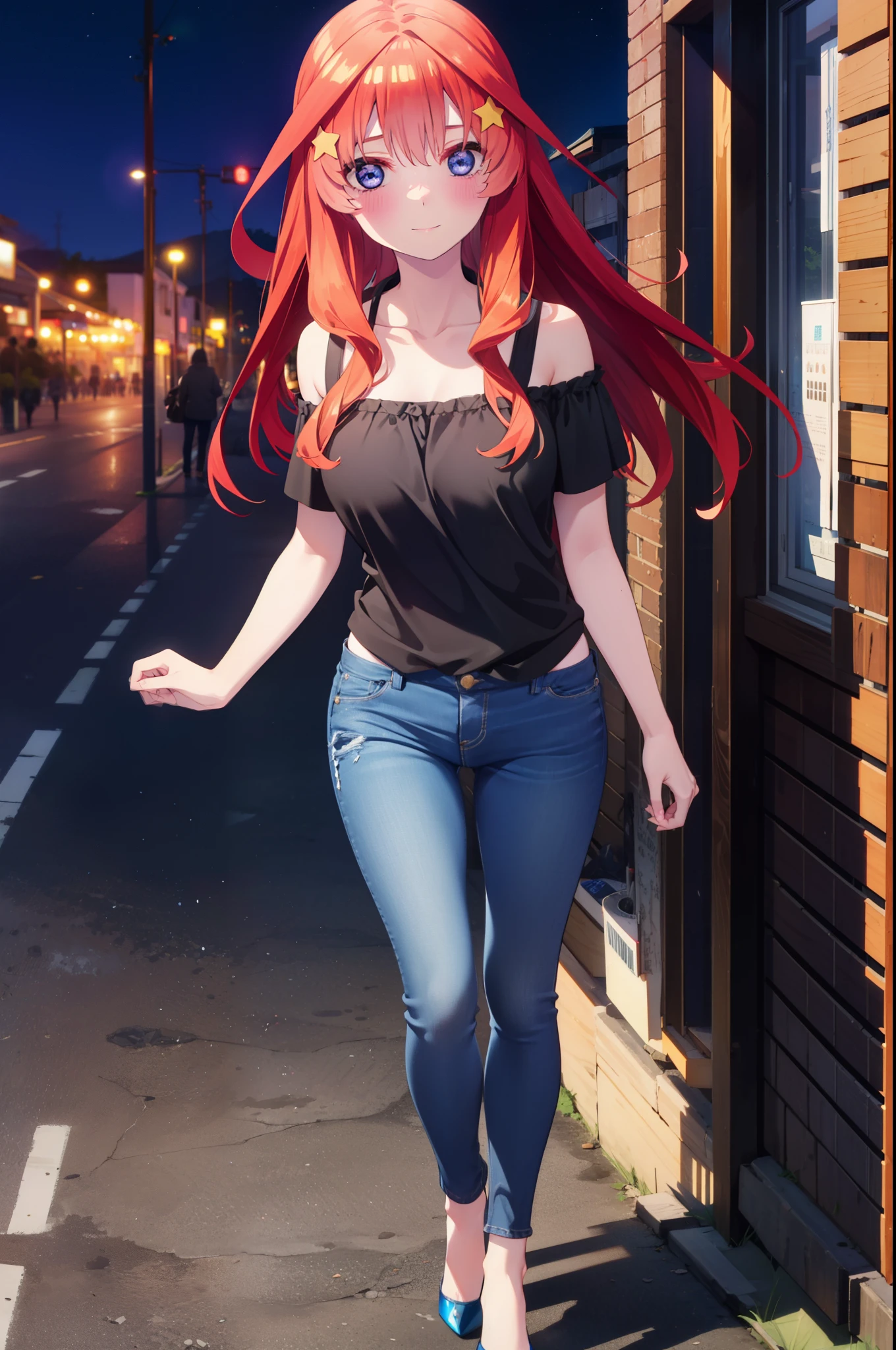 itsukinakano, Itsuki Nakano, bangs, blue eyes, Hair between the eyes, Ahoge, Redhead, star \(symbol\), hair ornaments, star hair ornaments,smile,blush,Cold shoulder tops,Skinny jeans,Short sleeve,Stiletto heels,night,Walking,moon,whole bodyがイラストに入るように,Looking down from above,
break outdoors, In town,Building district,
break looking at viewer, whole body,
break (masterpiece:1.2), highest quality, High resolution, unity 8k wallpaper, (figure:0.8), (Beautiful fine details:1.6), Highly detailed face, Perfect lighting, Highly detailed CG, (Perfect hands, Perfect Anatomy),