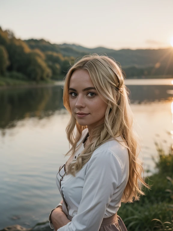 Best quality, Instagram-Influencer, blonde Frau, 30 Jahre alt, depth of field, Sonnenuntergang, in die Kamera schauen, nackt am See, im Wasser liegend