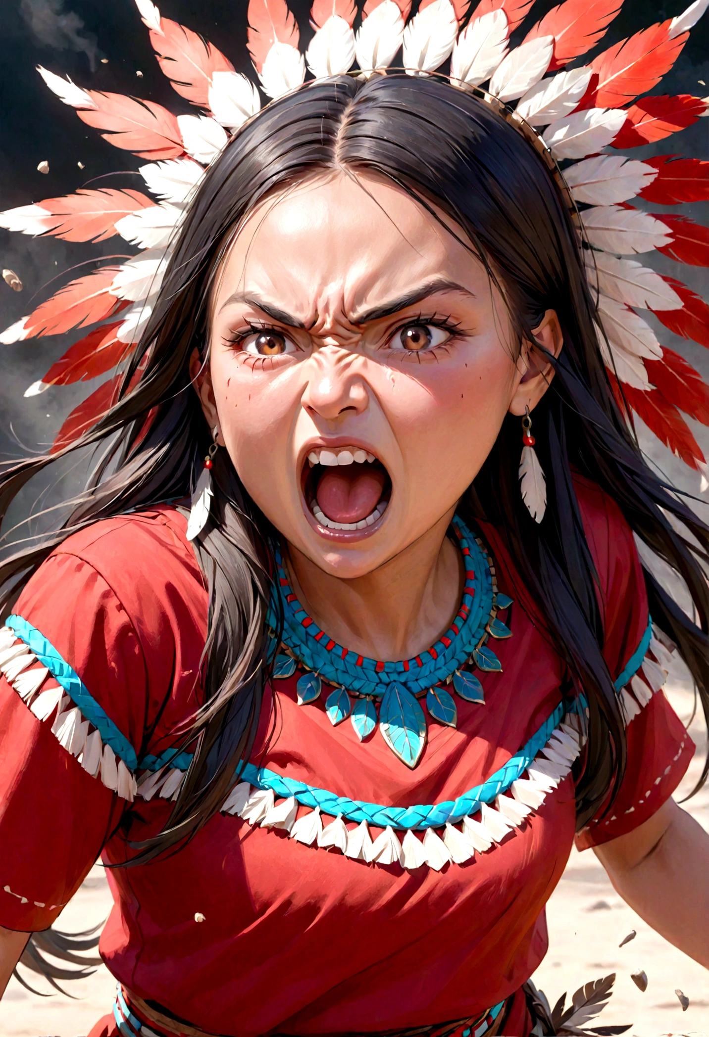 a native american woman with an aggressive look, she shouts angrily. She wears red/black clothes