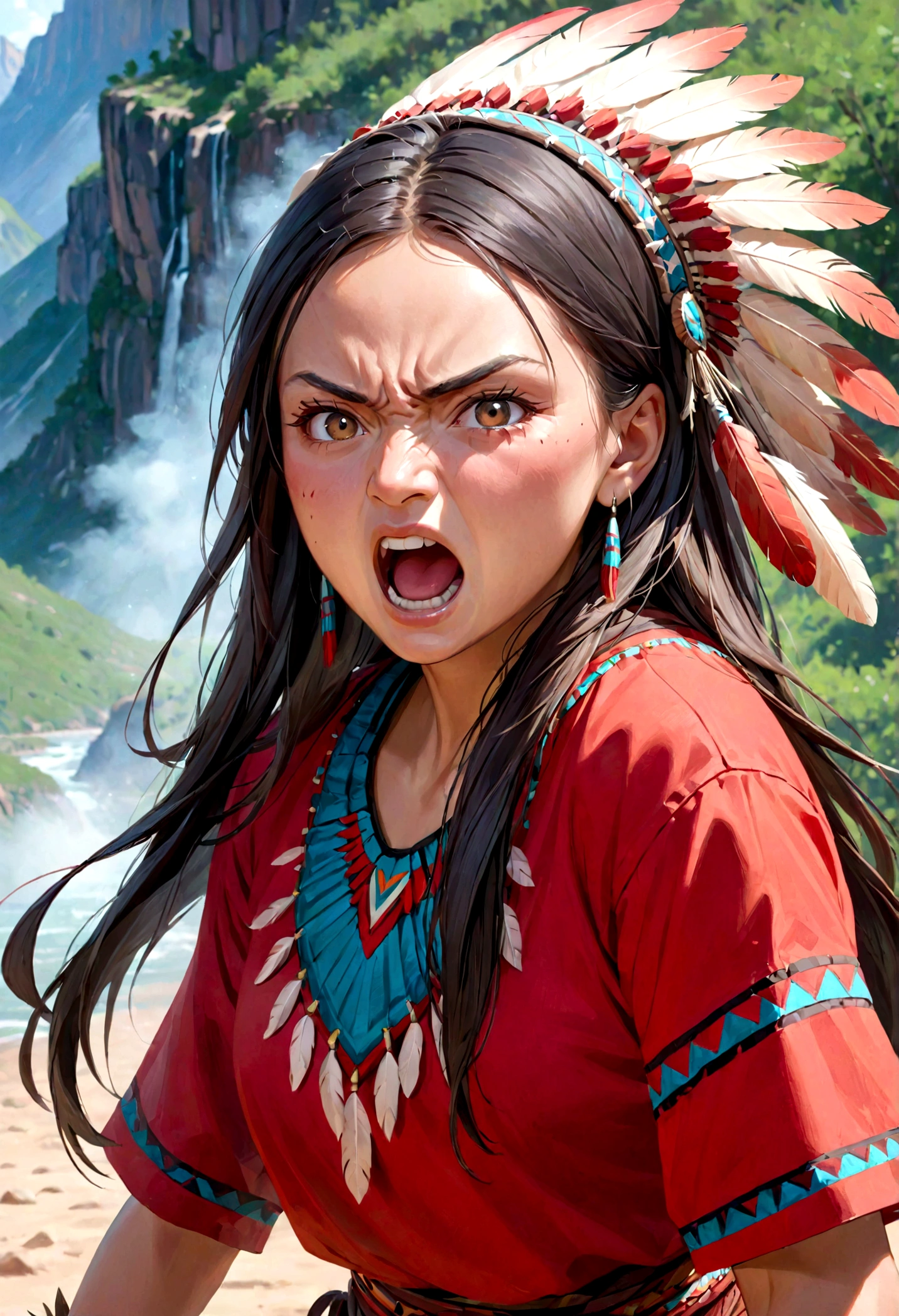 a native american woman with an aggressive look, she shouts angrily. She wears red/black clothes