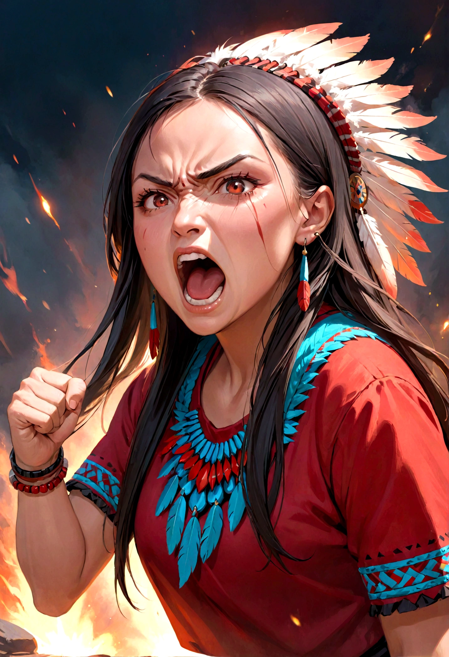 a native american woman with an aggressive look, she shouts angrily. She wears red/black clothes
