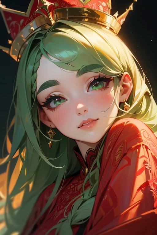 (highest quality, masterpiece:1.2), High resolution, Very detailed, Realistic:1.37, Fantasy, An illustration, Green Eyes、Queen, Red lace dress.Platinum decoration、beautifully、Eyeshadow Red、Thick eyebrows、Long eyelashes、pupils are black、Her hair is dark green、Gold crown、Kissing Face、Embarrassing、Beloved by the crowd、Hair is green、Braiding、hair ornaments、Laugh gently、Close one eye、Wink、Wink、