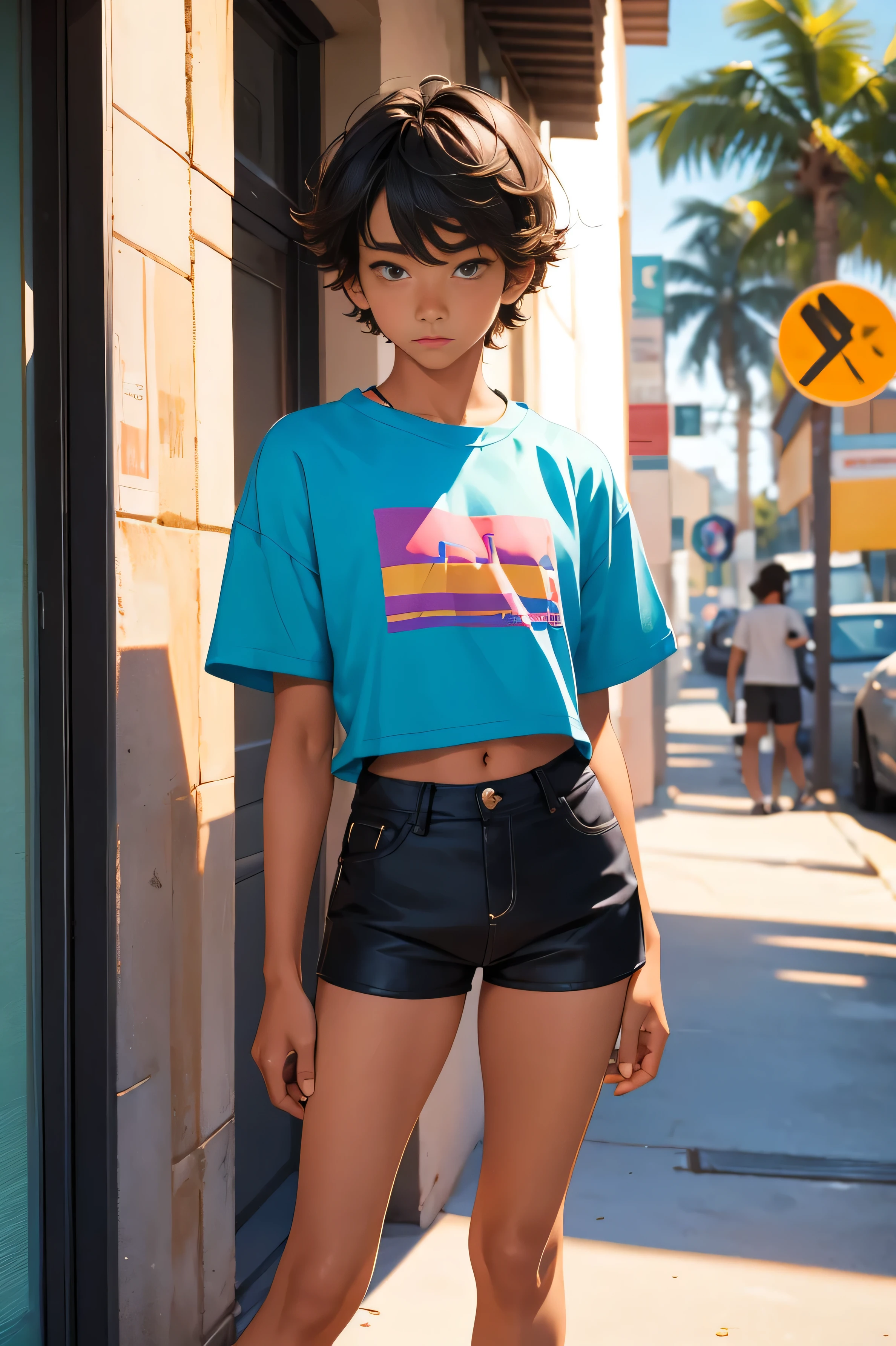 Teen boy 16 years old, beautiful teen boy is wearing a cropped shirt and too very much short mini shorts, the boy's legs are beautiful, tanned, bangs, flirty posing, hot summer, top quality,
