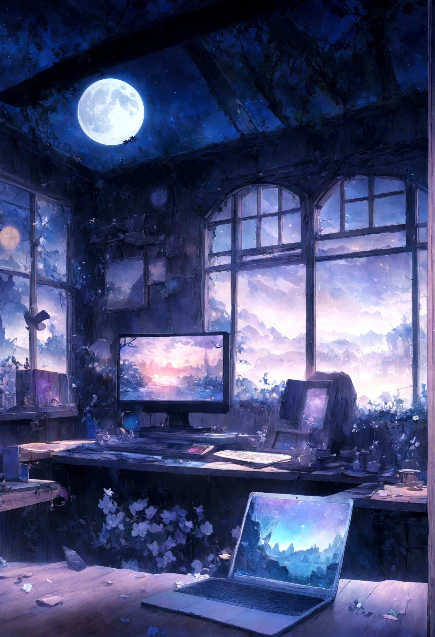 on the desk、No people、Tablet、liquid crystal、moon、PC Monitor、liquid crystalTablet、smartphone、wall、Dark atmosphere、Blue Neon、Blue Star、keyboard、Vocal Microphone、headphone、Large windows、scenery、white flowers and a laptop on a desk in front of a window, a digital painting inspired by Uragami Gyokudō, pixiv contest winner, magical realism, magic lab background, magical background, background art, personal room background, random background scene, anime background art, cozy cafe background, fairy tale style background, background artwork, mobile game background