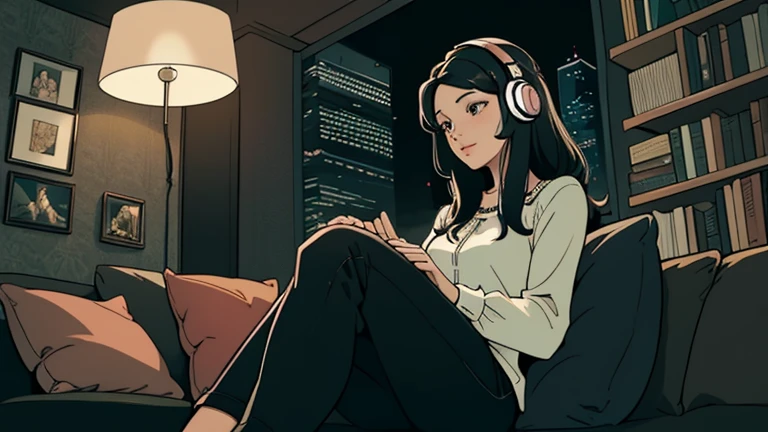 Beautiful woman in her 30s with black hair is sitting on the sofa. Looking down, LOFI girl, alone in the room, blouse, cozy wallpaper, big cushion, bookshelf, relaxing mood, night core, cozy, wide glass window with skyscrapers, outside view at night, only five fingers, listening to music with headphones, Deep black eyes,